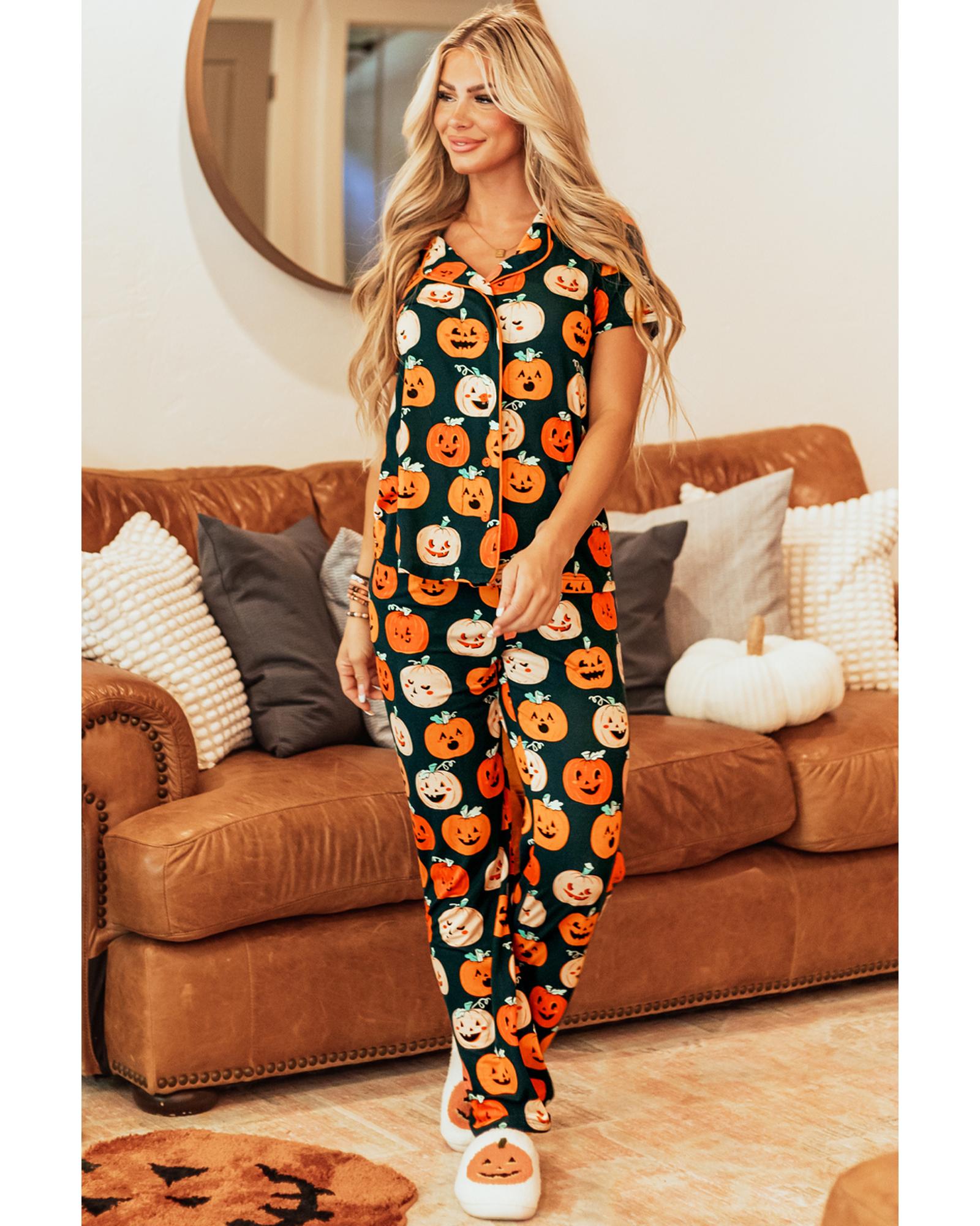Orange Halloween Pattern Short Sleeve Shirt Pajama Set - L 3