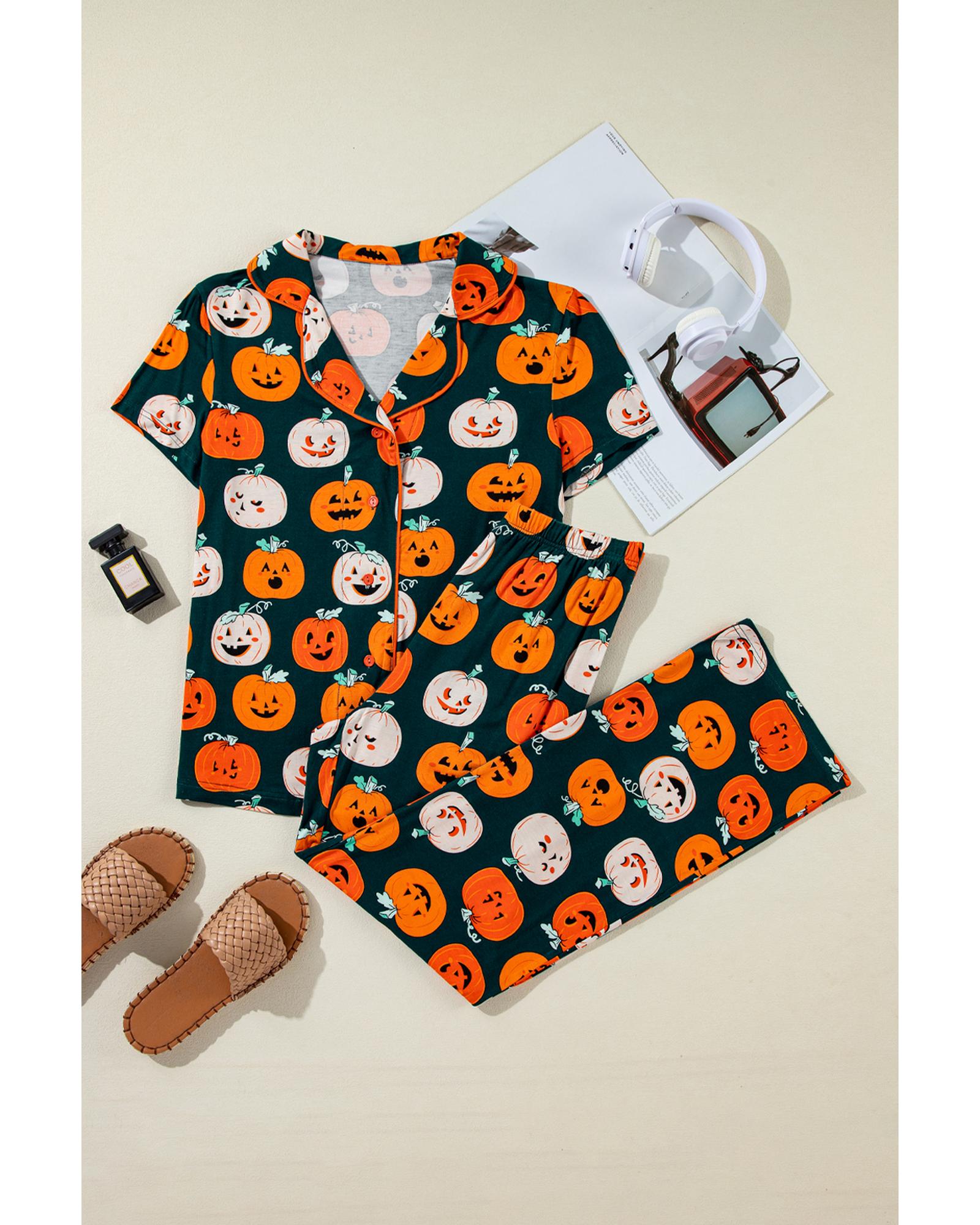 Orange Halloween Pattern Short Sleeve Shirt Pajama Set - L 5
