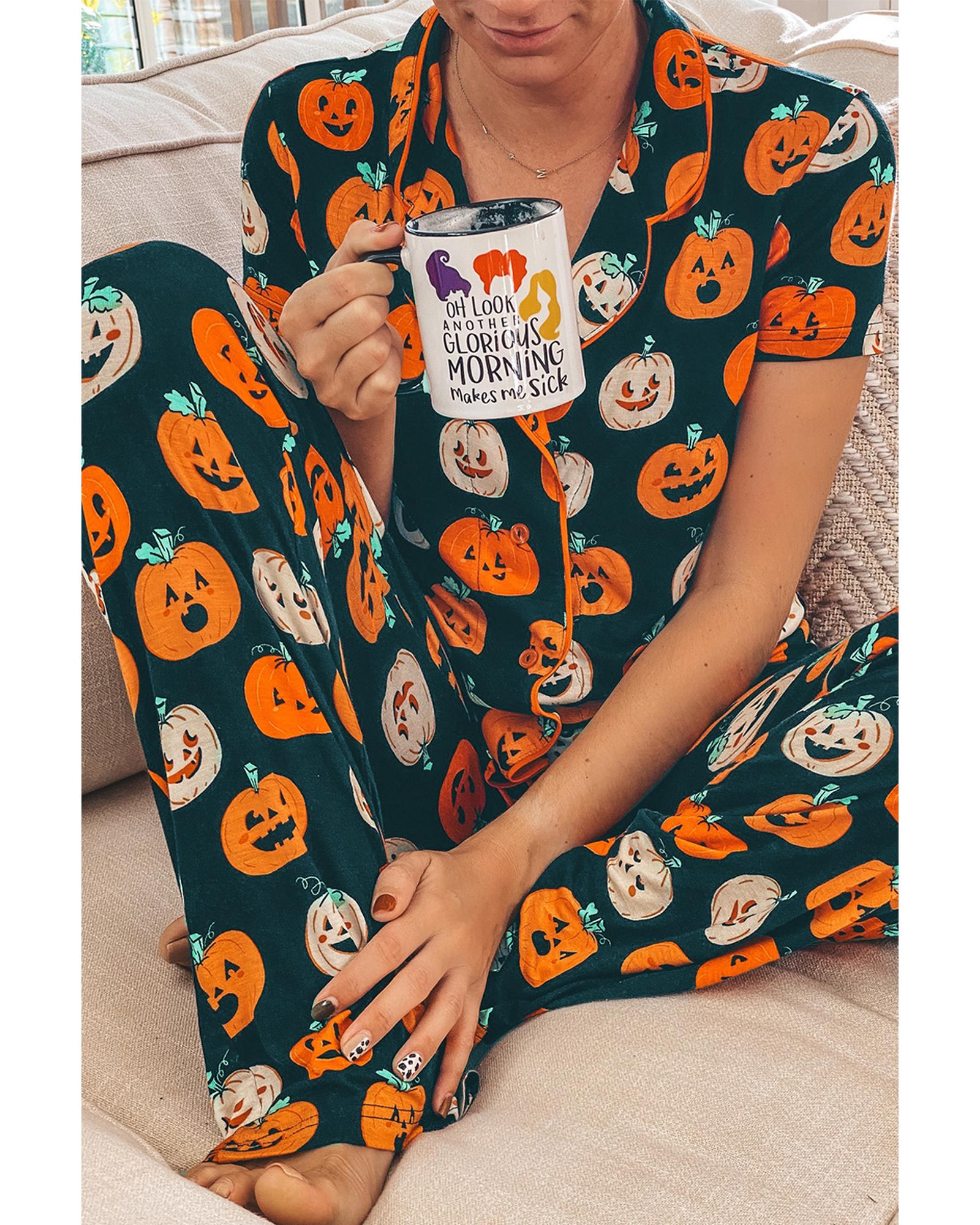 Orange Halloween Pattern Short Sleeve Shirt Pajama Set - L 7