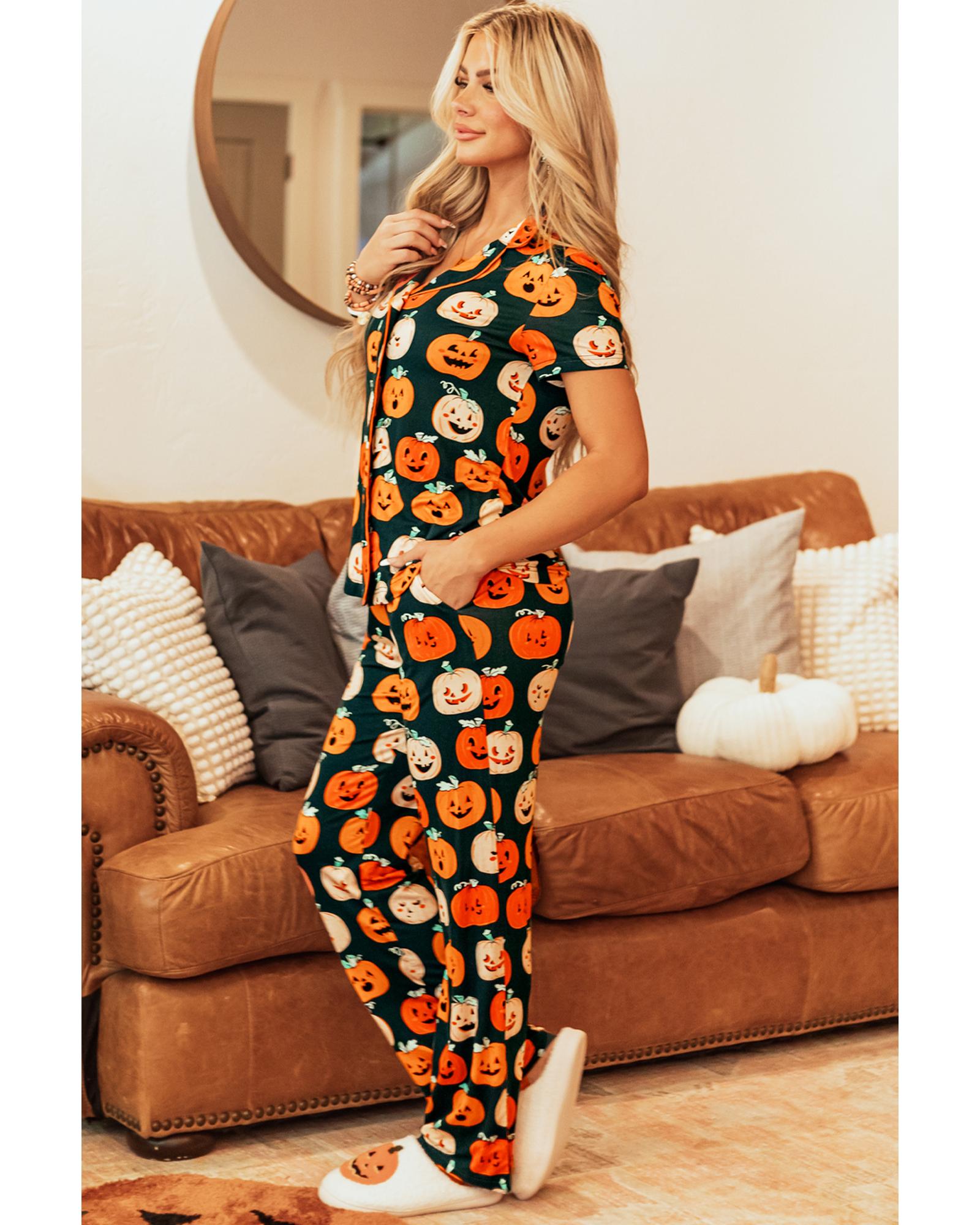 Orange Halloween Pattern Short Sleeve Shirt Pajama Set - L 8