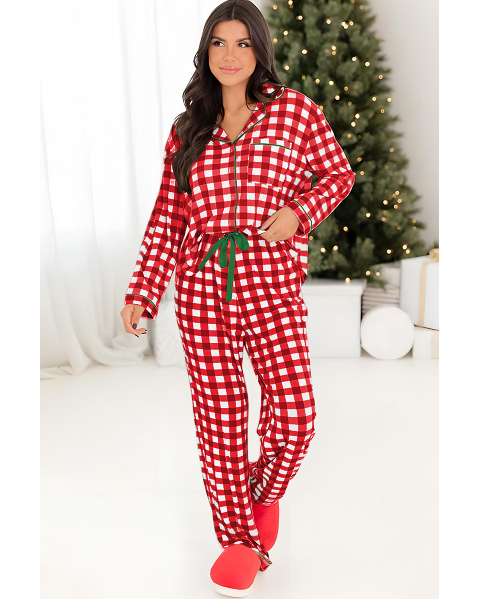 Fiery Red Christmas Plaid Print Shirt and Pants Pajama Set - M 8