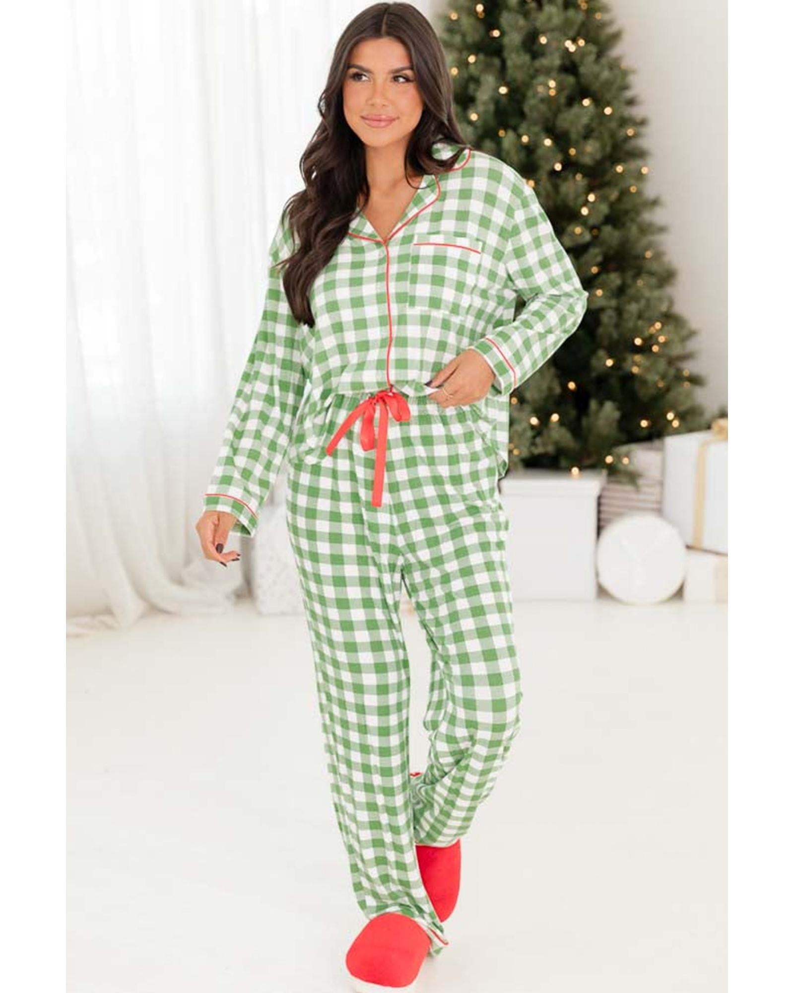Light Green Christmas Plaid Print Shirt and Pants Pajama Set - S 4