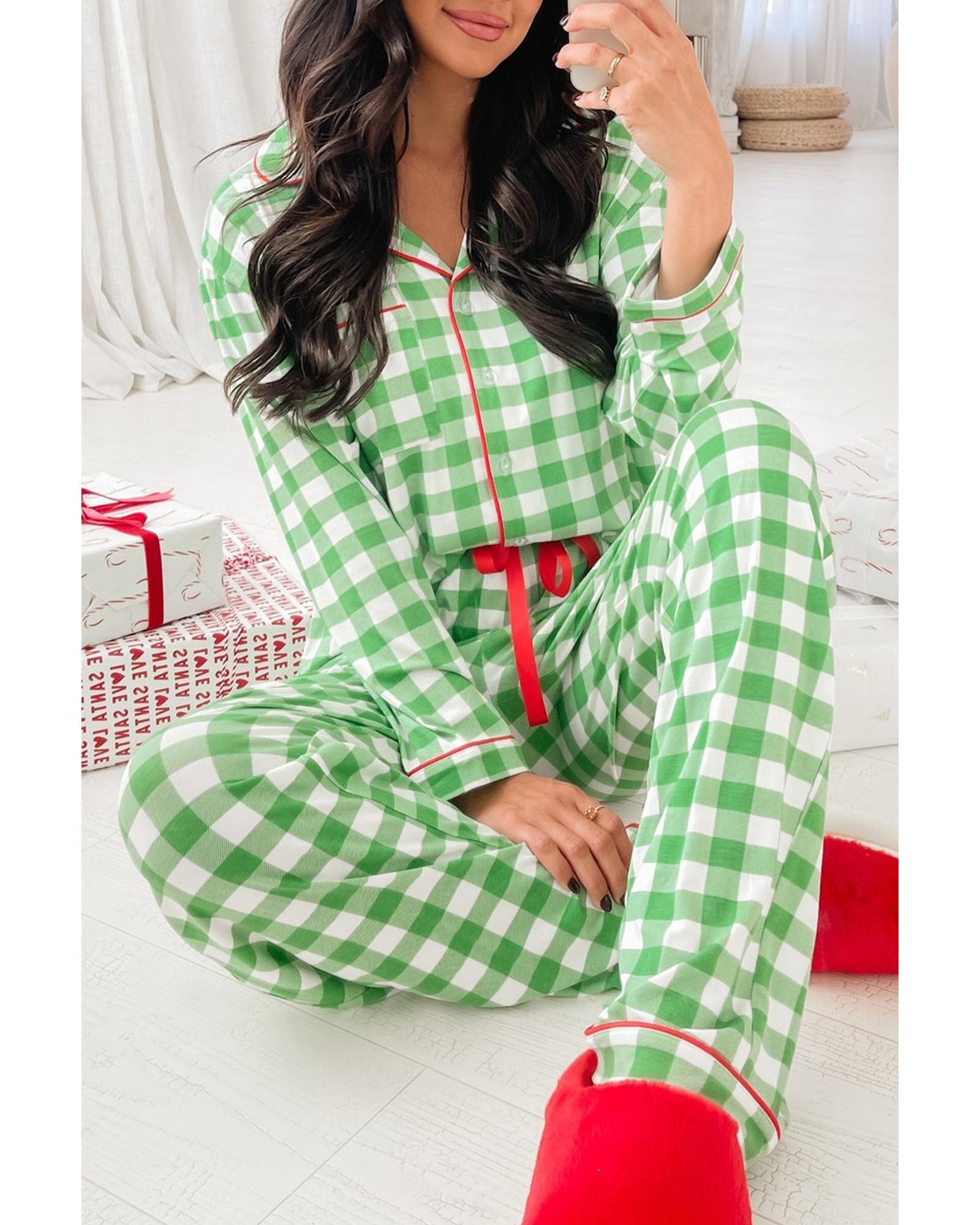 Light Green Christmas Plaid Print Shirt and Pants Pajama Set - XL 3