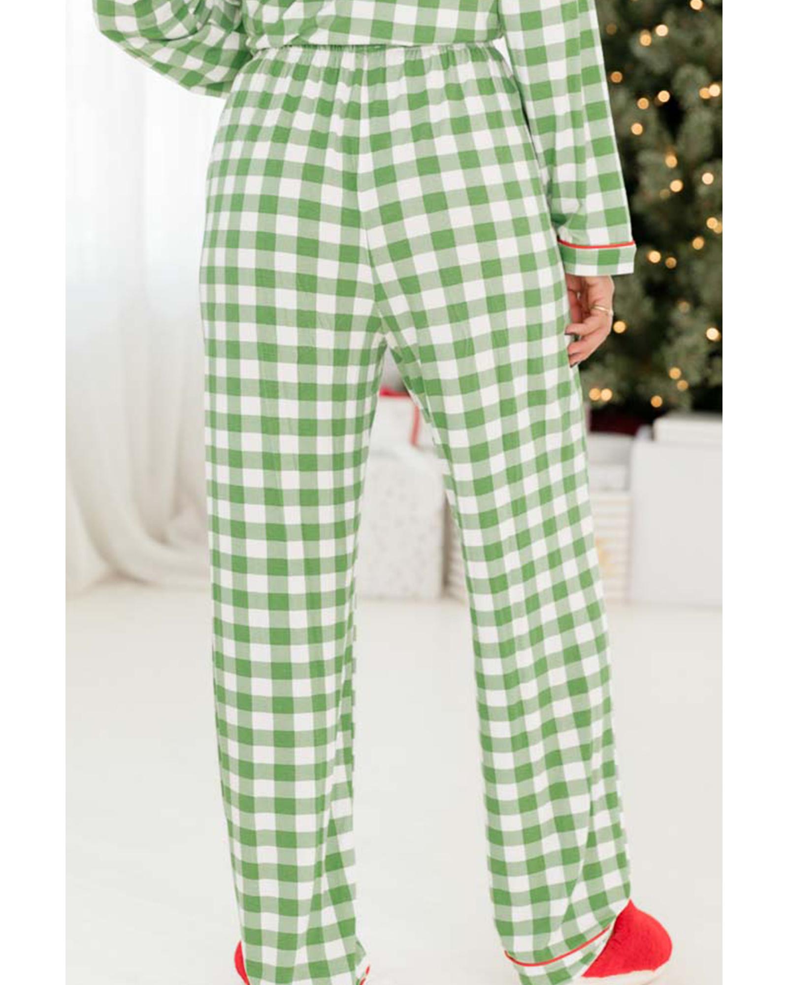 Light Green Christmas Plaid Print Shirt and Pants Pajama Set - XL 8