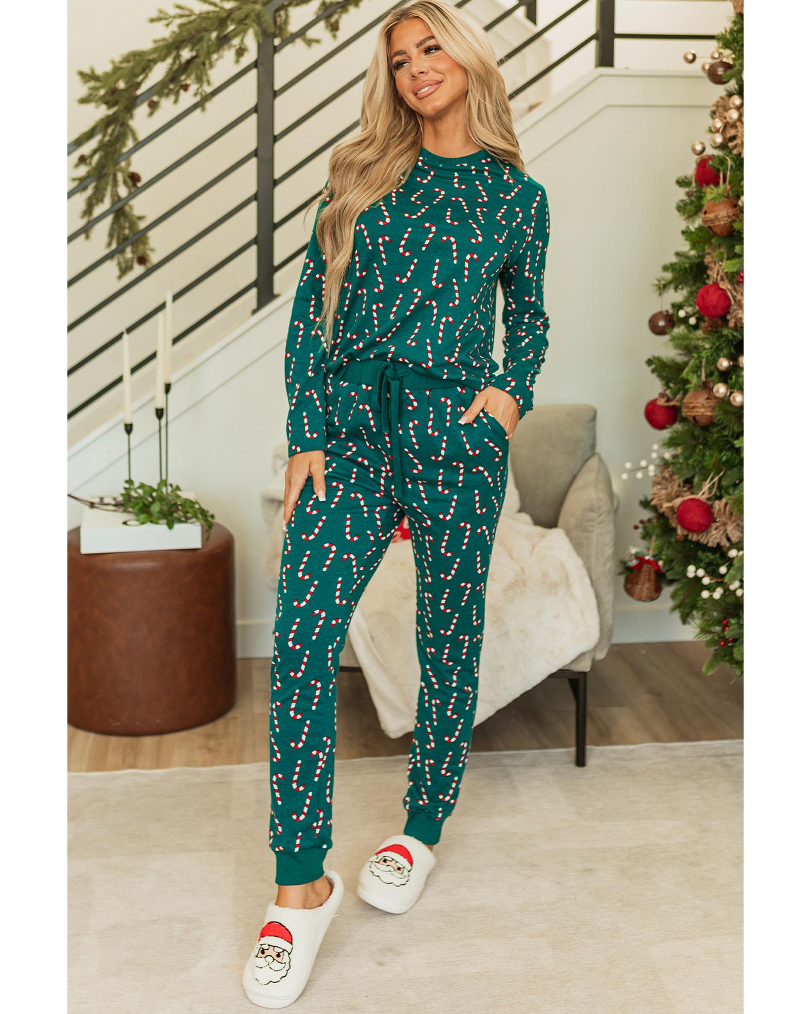 Green Christmas Candy Cane Printed Top and Pants Lounge Set - S 5