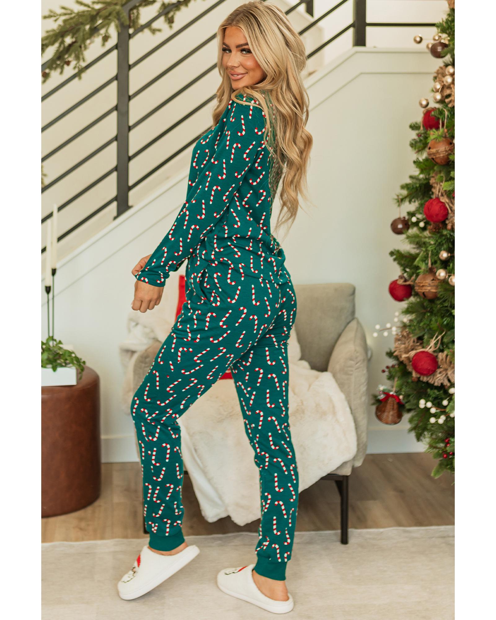 Green Christmas Candy Cane Printed Top and Pants Lounge Set - XL 3