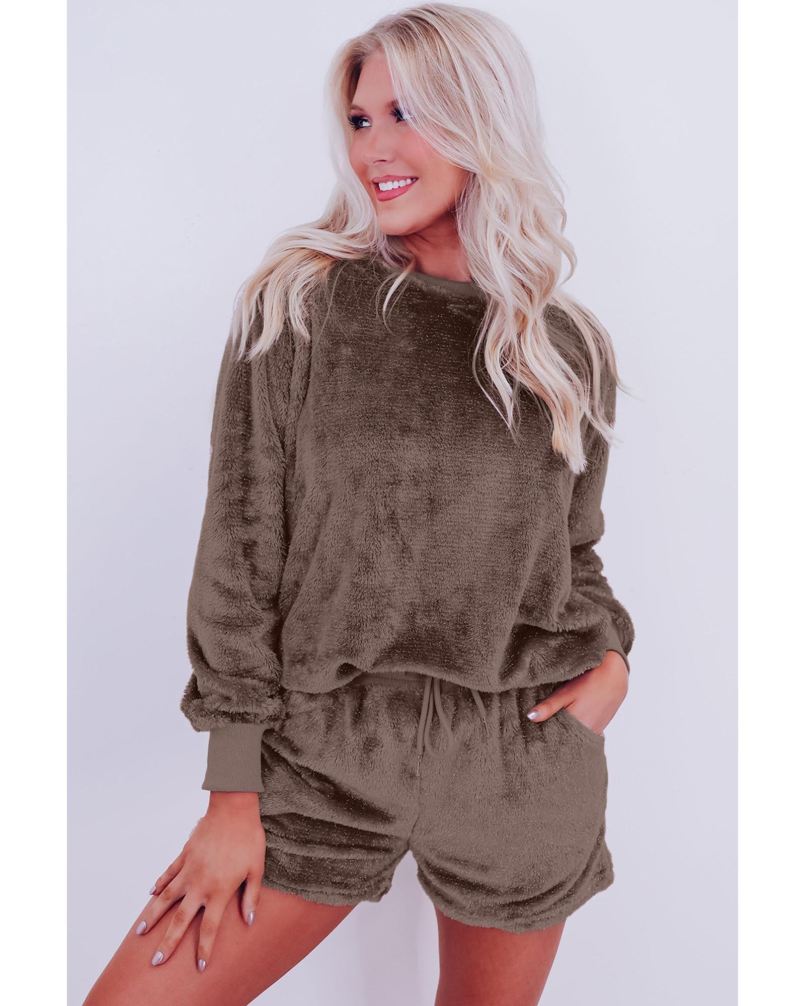 Coffee Solid Loose Fit Two Piece Fleece Lounge Set - 2XL 5