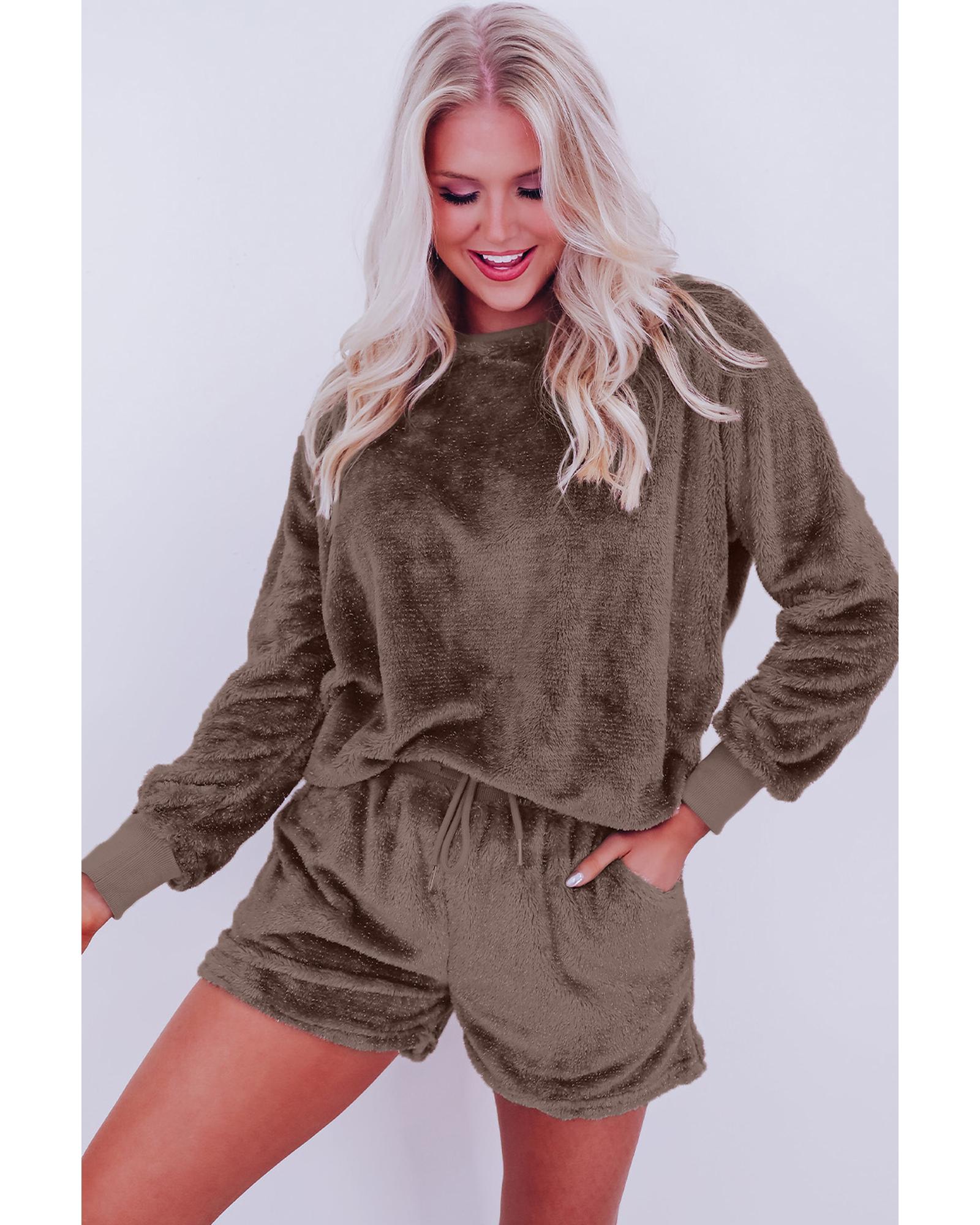 Coffee Solid Loose Fit Two Piece Fleece Lounge Set - 2XL 7