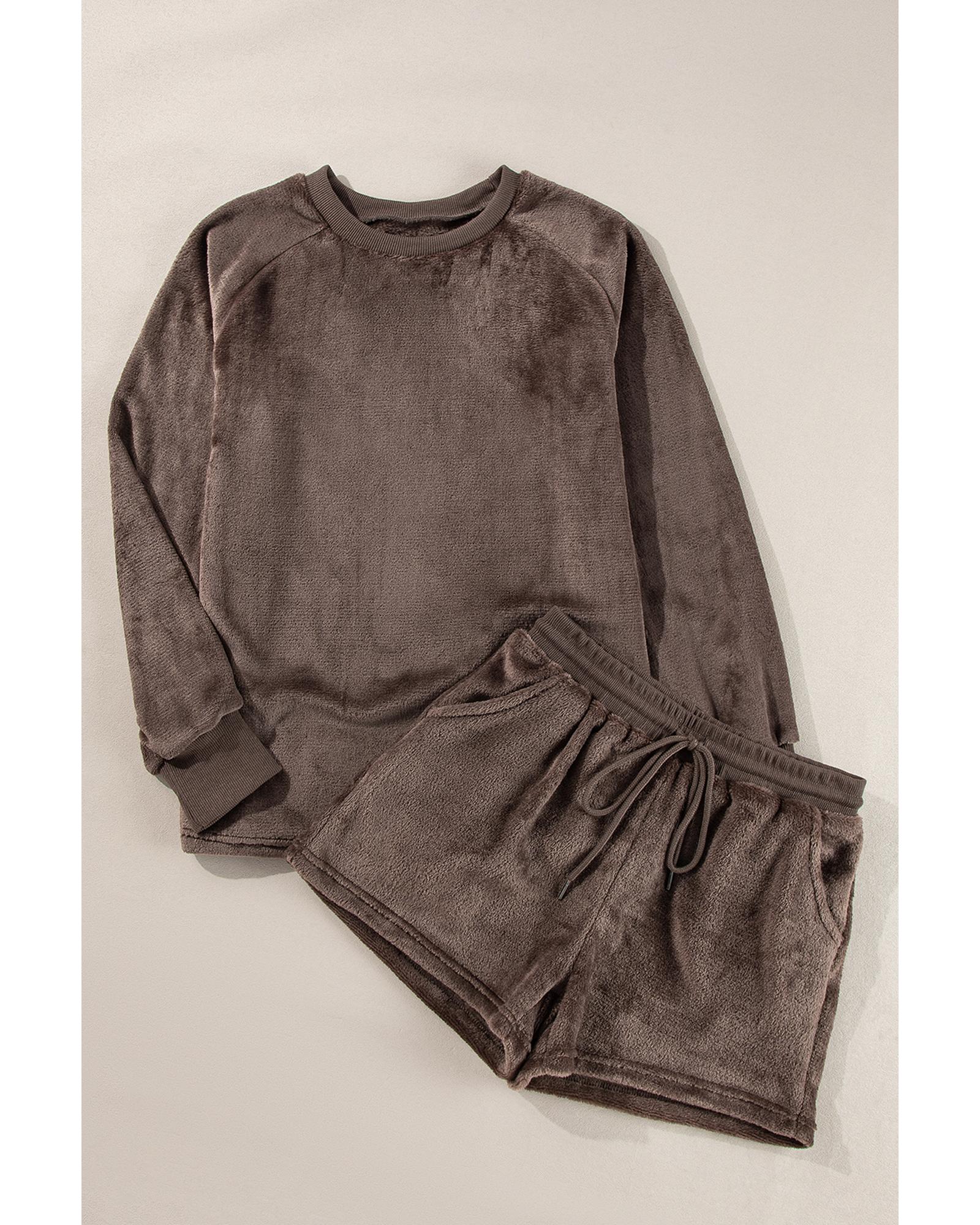 Coffee Solid Loose Fit Two Piece Fleece Lounge Set - 2XL 8