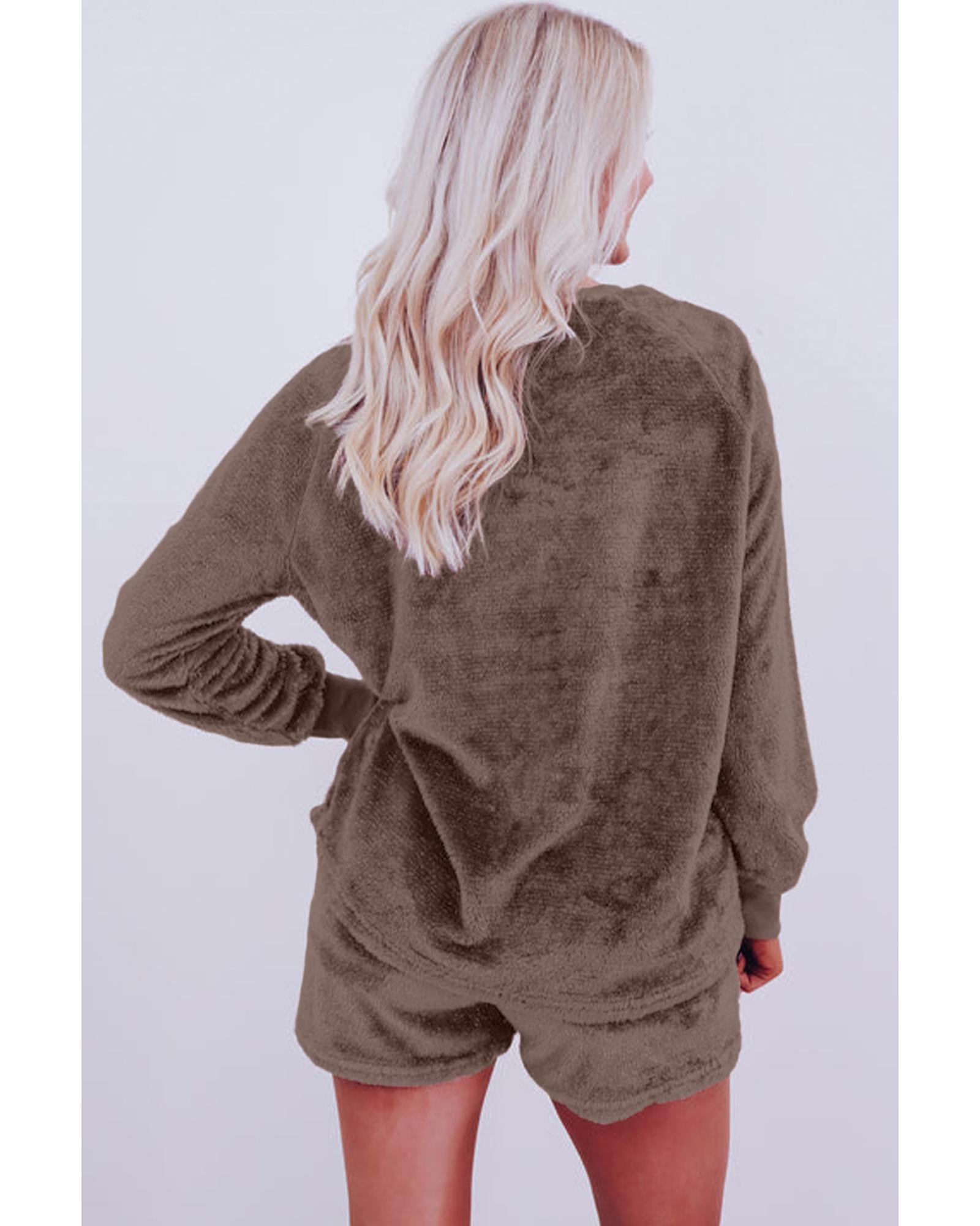 Coffee Solid Loose Fit Two Piece Fleece Lounge Set - XL