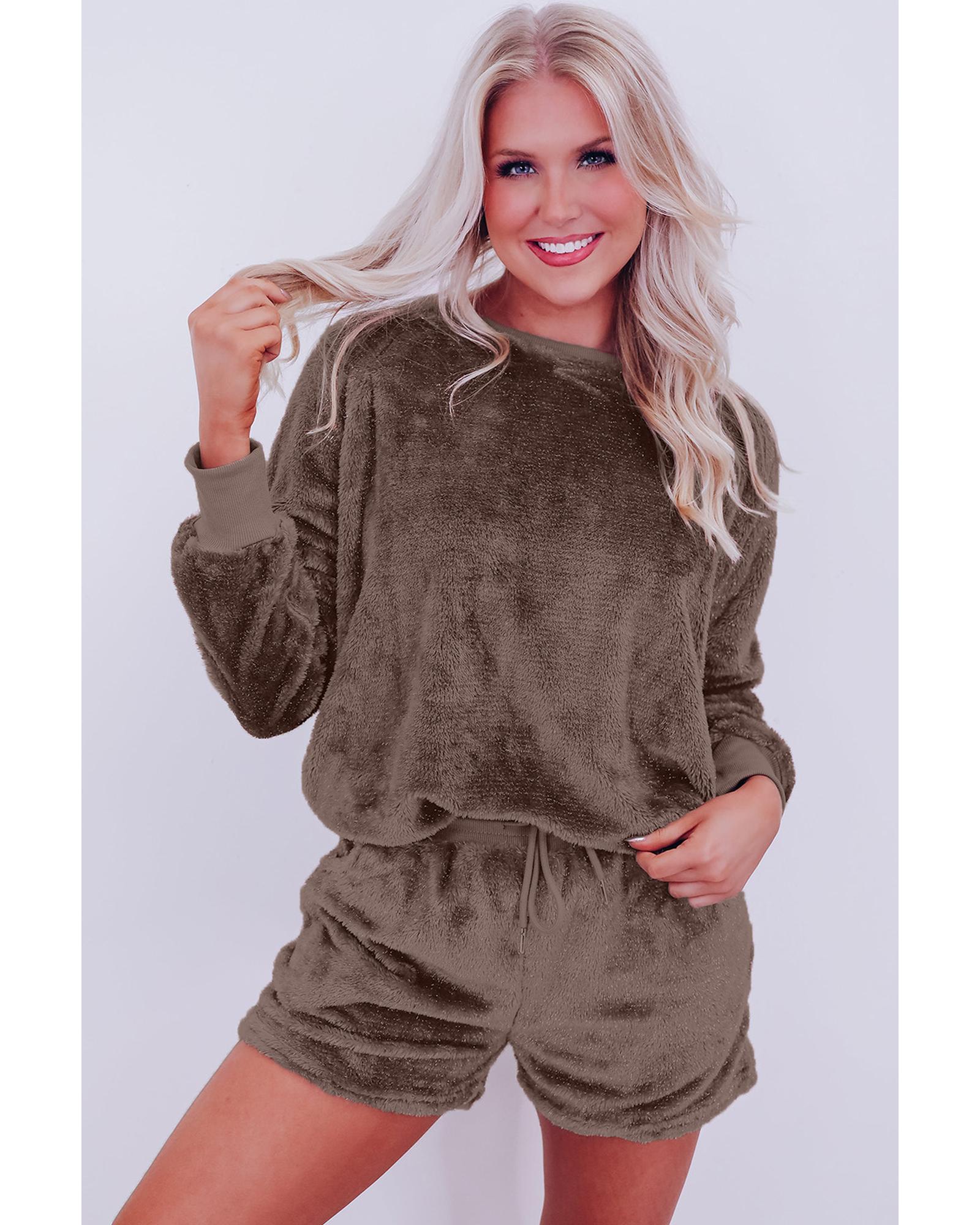 Coffee Solid Loose Fit Two Piece Fleece Lounge Set - XL 3
