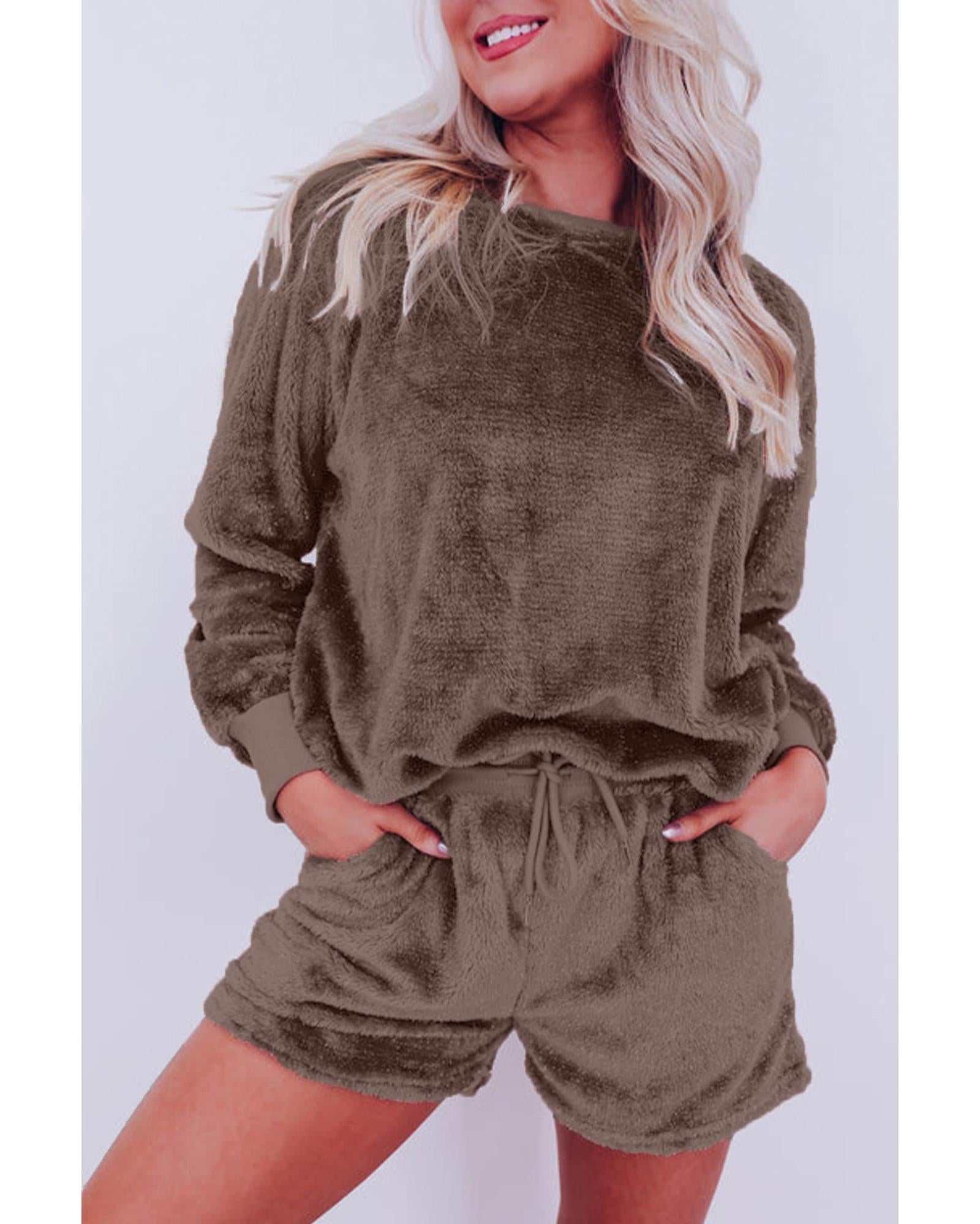 Coffee Solid Loose Fit Two Piece Fleece Lounge Set - XL 4