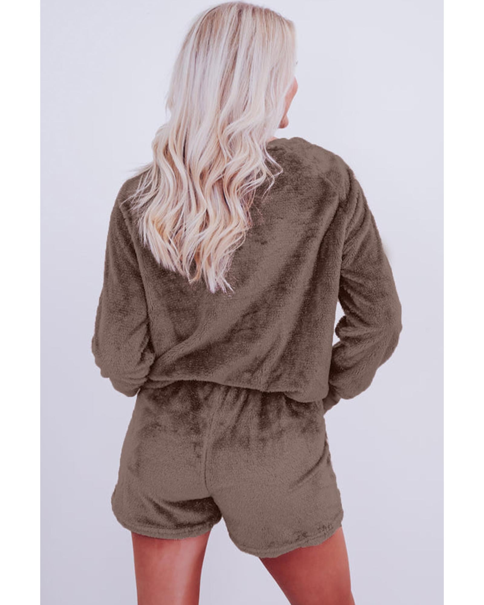 Coffee Solid Loose Fit Two Piece Fleece Lounge Set - XL 6