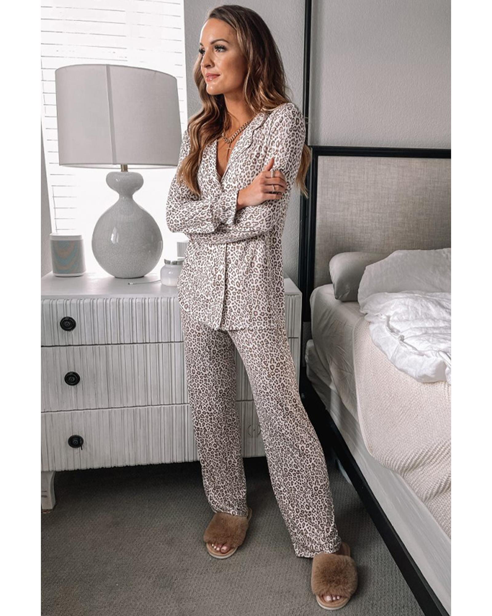White Leopard Print Long Sleeve and Pants Pajamas Set - L