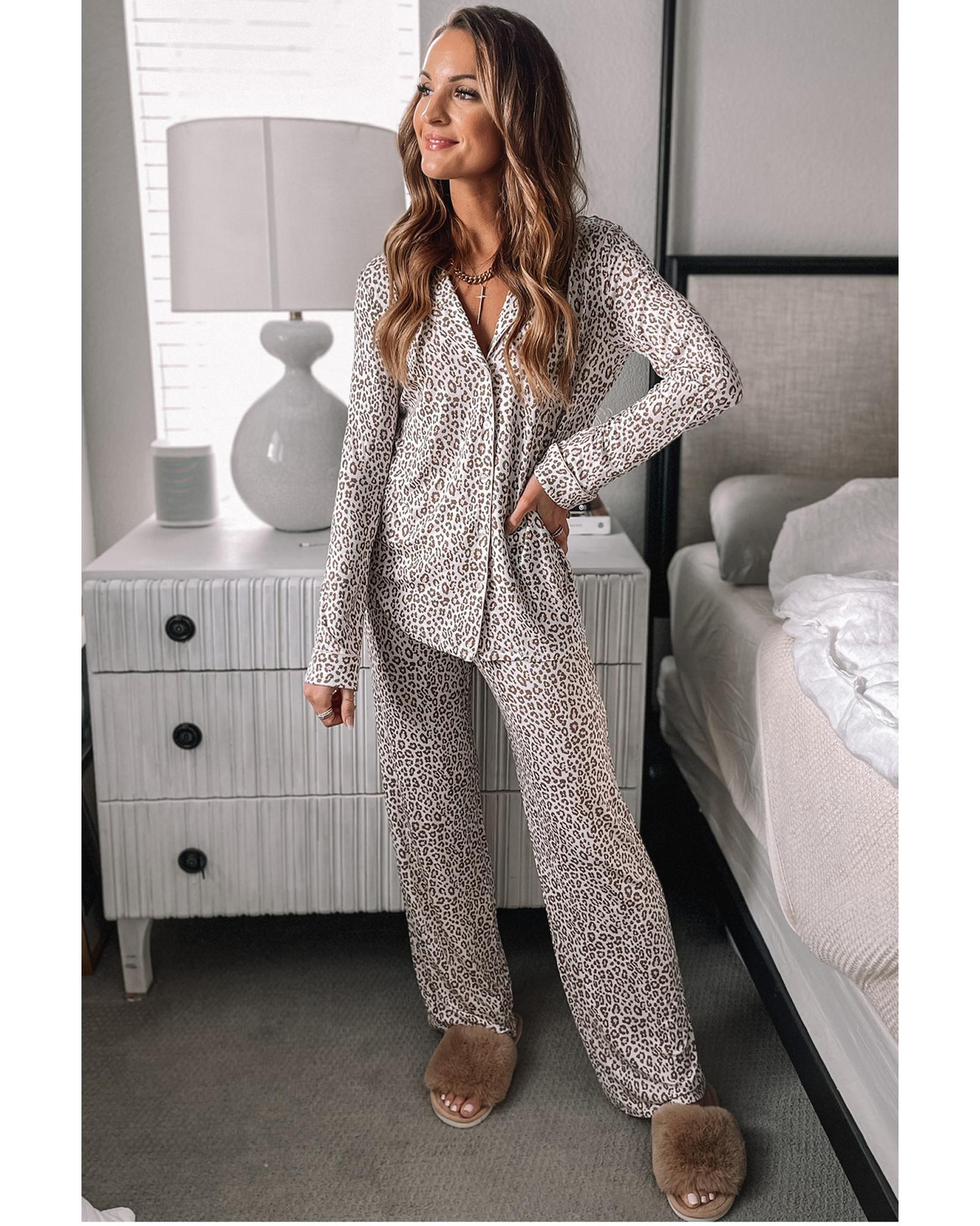 White Leopard Print Long Sleeve and Pants Pajamas Set - L 4