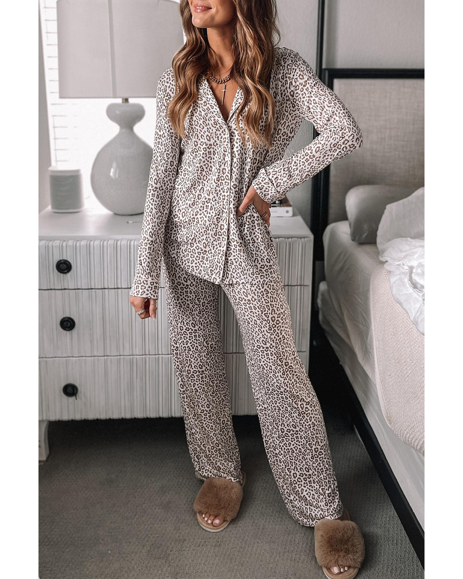 White Leopard Print Long Sleeve and Pants Pajamas Set - L 7