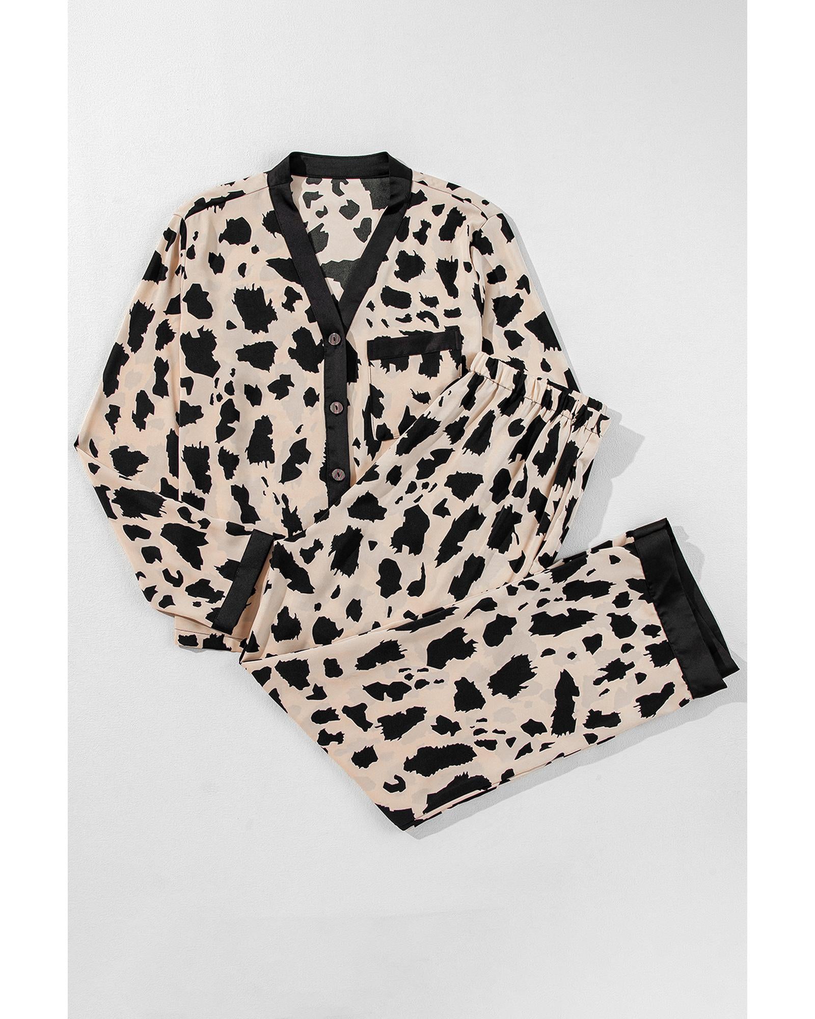 Khaki Cheetah Contrast Trim Loose Fit Two Piece Sleepwear - L 4