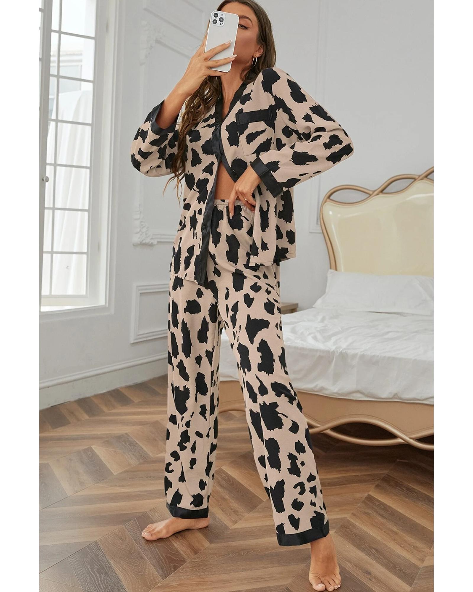 Khaki Cheetah Contrast Trim Loose Fit Two Piece Sleepwear - M