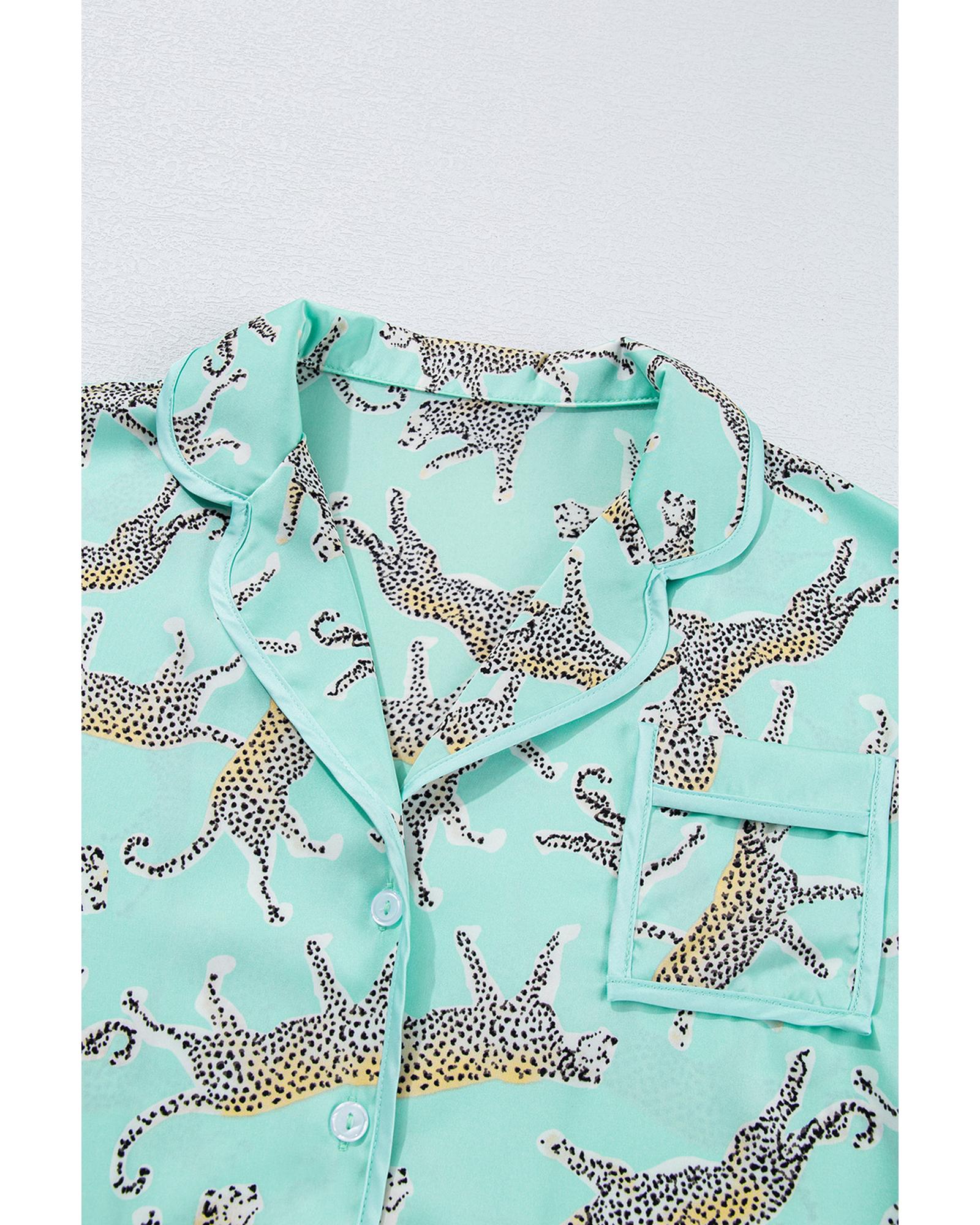 Green Leopard Satin Ruffle Pajama Short Set - L 3