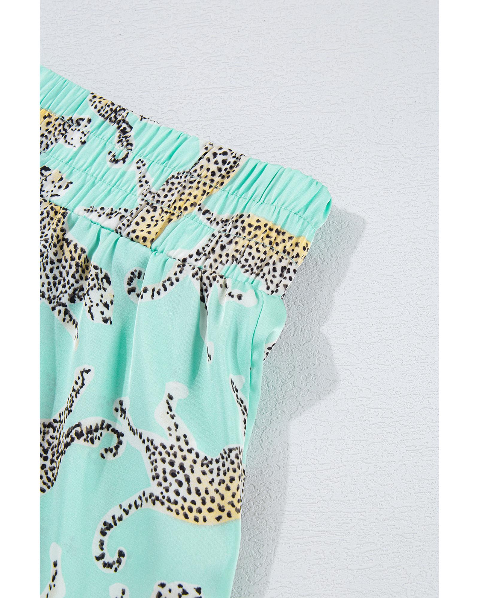Green Leopard Satin Ruffle Pajama Short Set - L 6