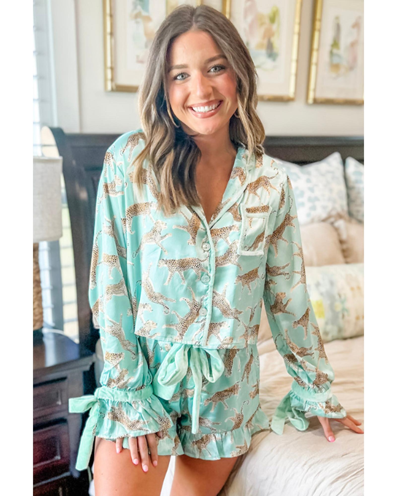 Green Leopard Satin Ruffle Pajama Short Set - M