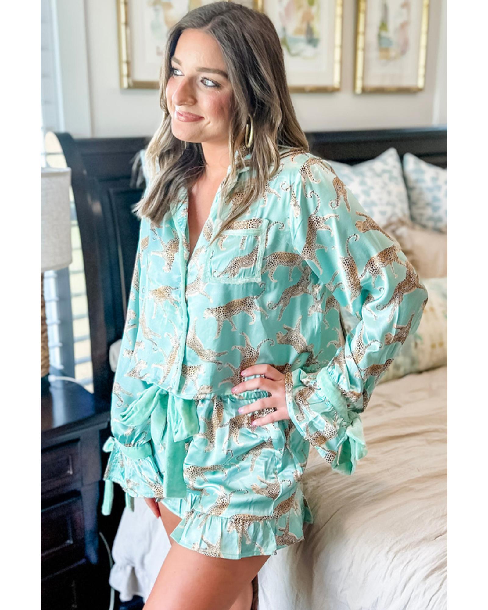 Green Leopard Satin Ruffle Pajama Short Set - S 5