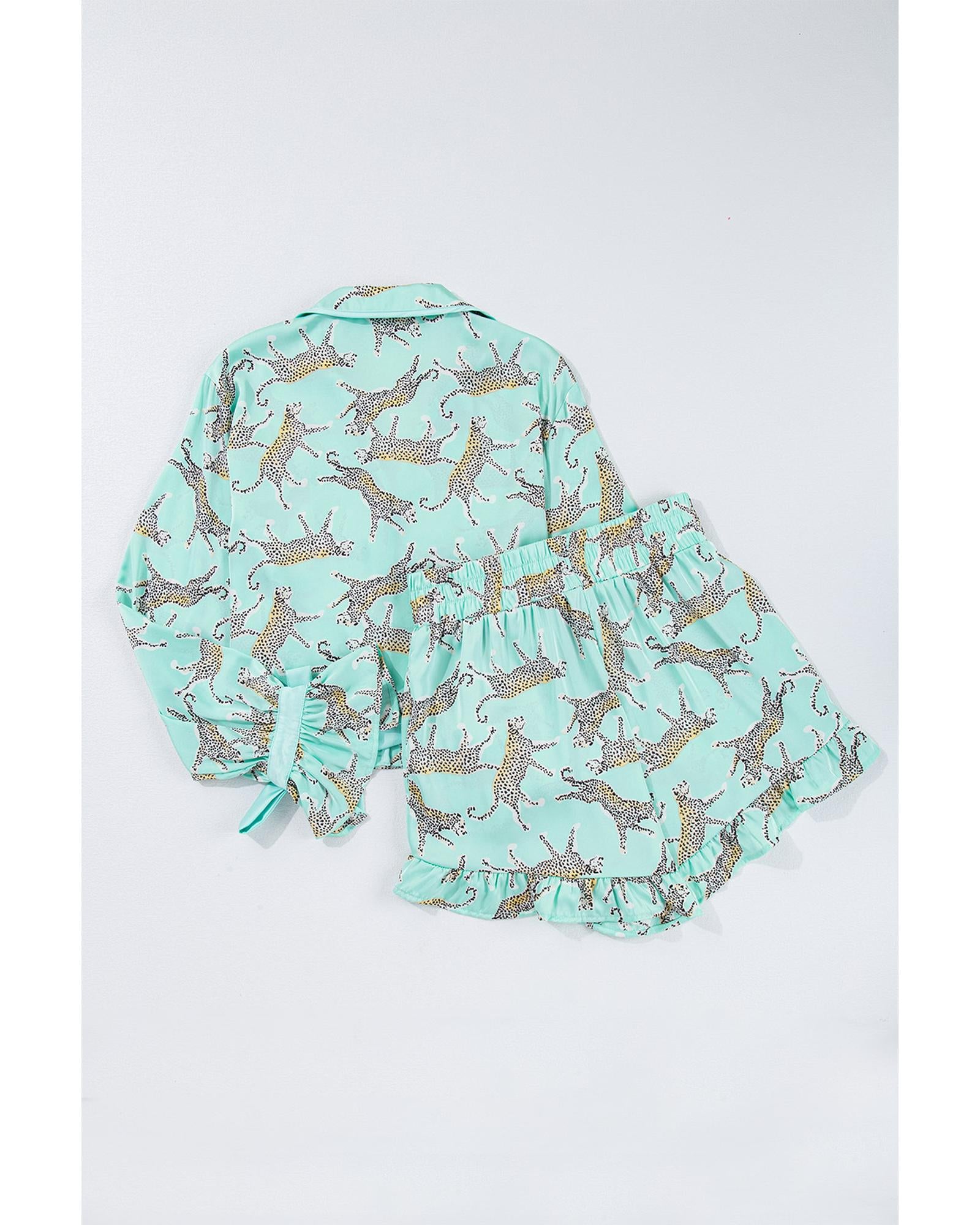 Green Leopard Satin Ruffle Pajama Short Set - XL 4