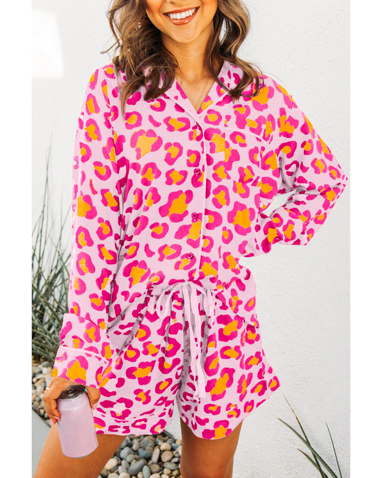 Pink Leopard Print Long Sleeve Shirt and Shorts Pajama Set - M 3