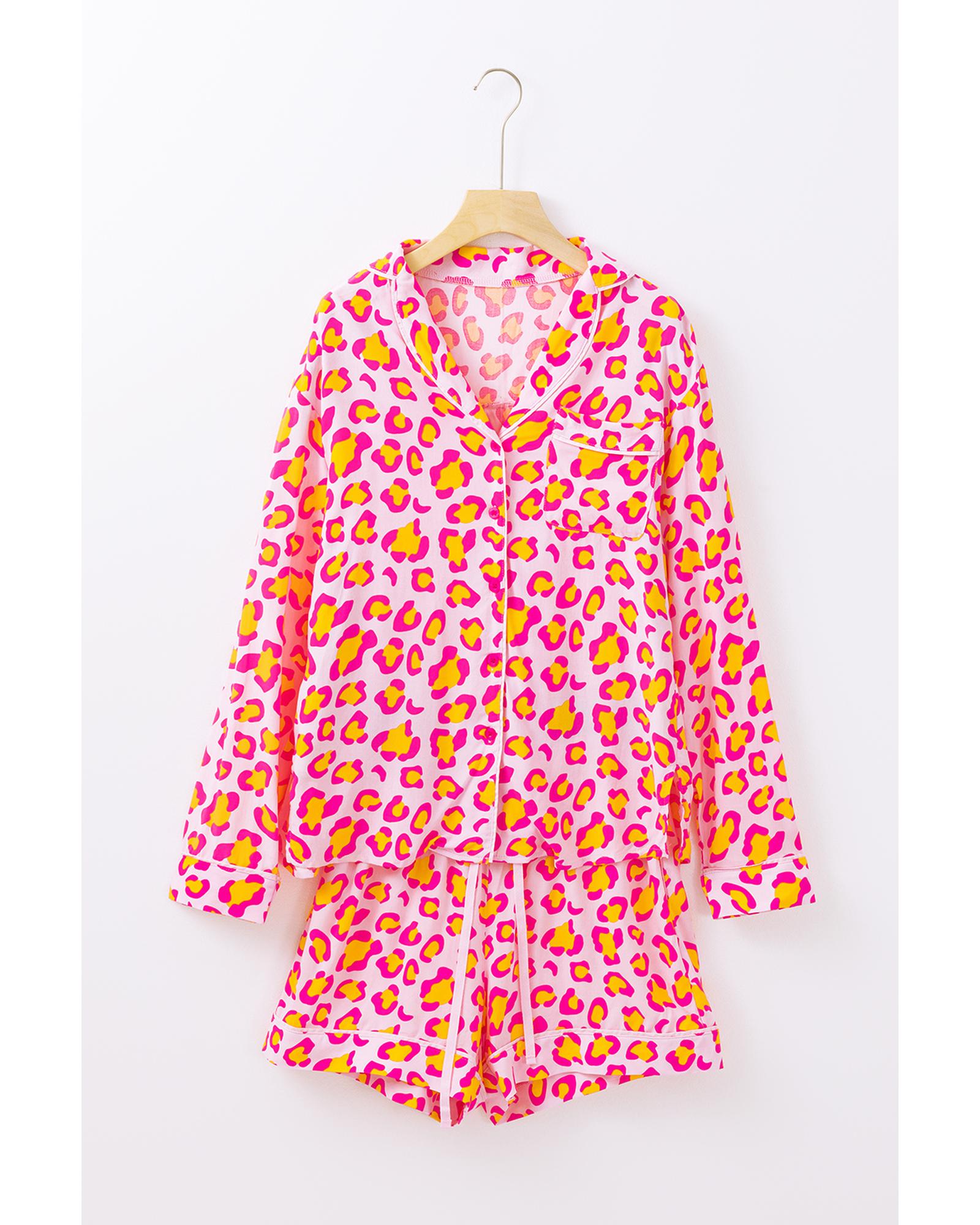 Pink Leopard Print Long Sleeve Shirt and Shorts Pajama Set - M 8