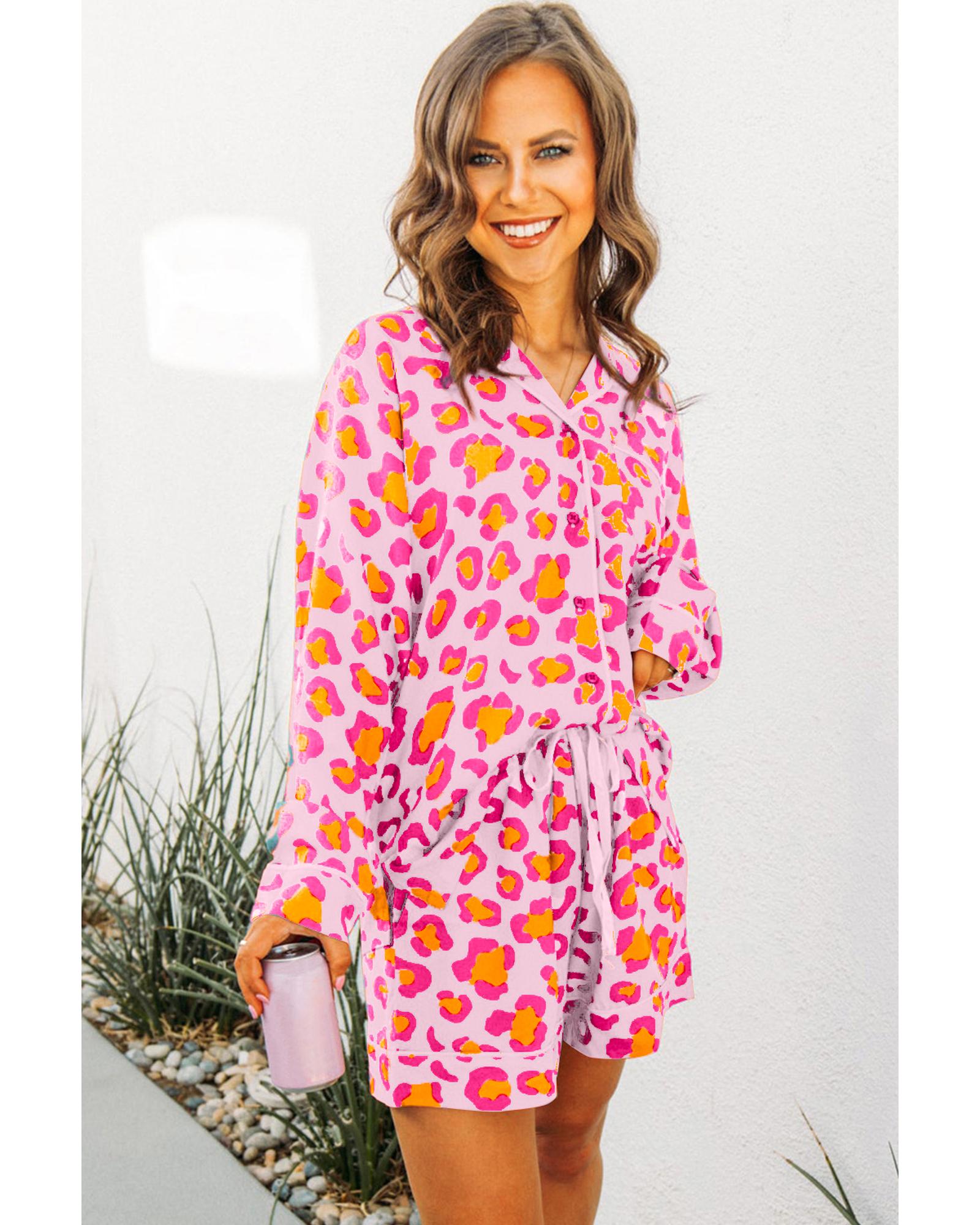 Pink Leopard Print Long Sleeve Shirt and Shorts Pajama Set - S 4