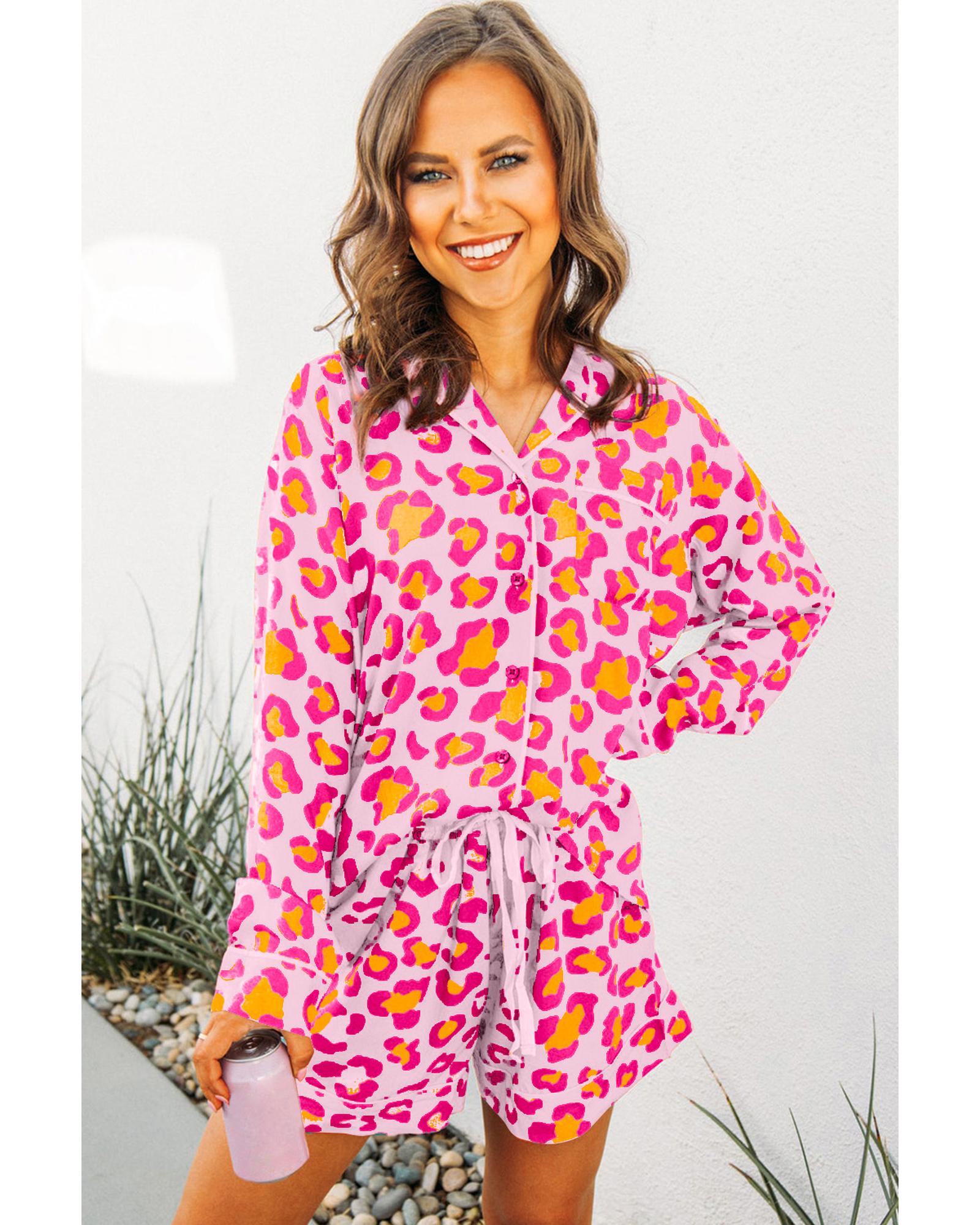 Pink Leopard Print Long Sleeve Shirt and Shorts Pajama Set - S 7