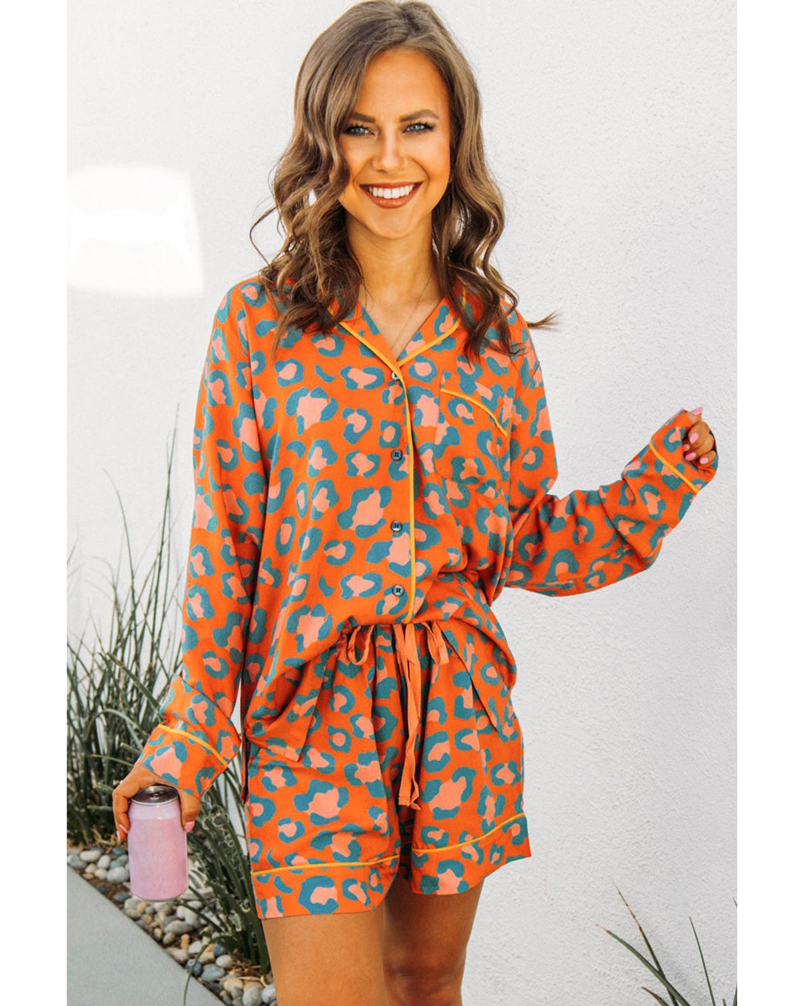 Orange Leopard Print Long Sleeve Shirt and Shorts Pajama Set - L 7