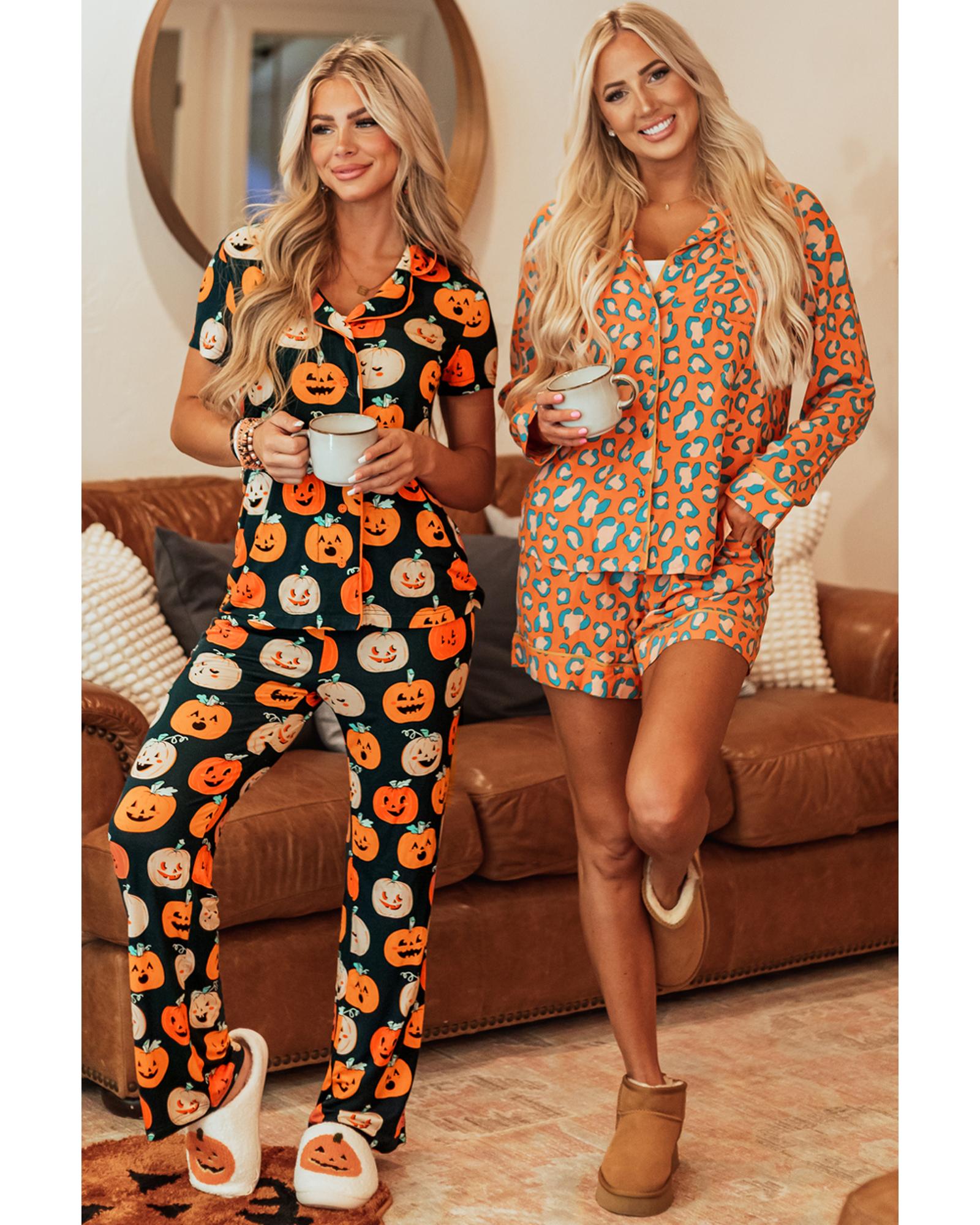 Orange Leopard Print Long Sleeve Shirt and Shorts Pajama Set - L 8