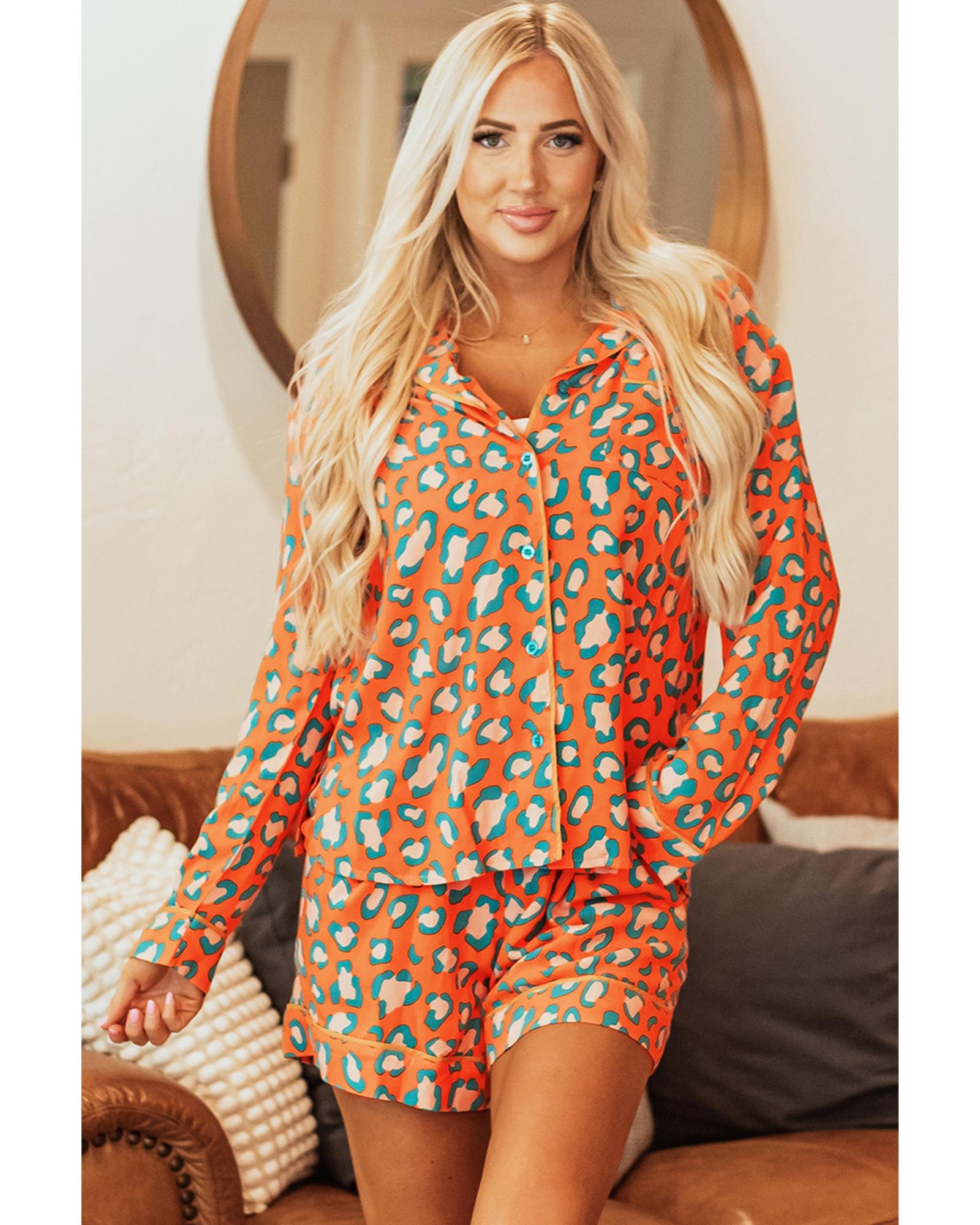 Orange Leopard Print Long Sleeve Shirt and Shorts Pajama Set - XL 6