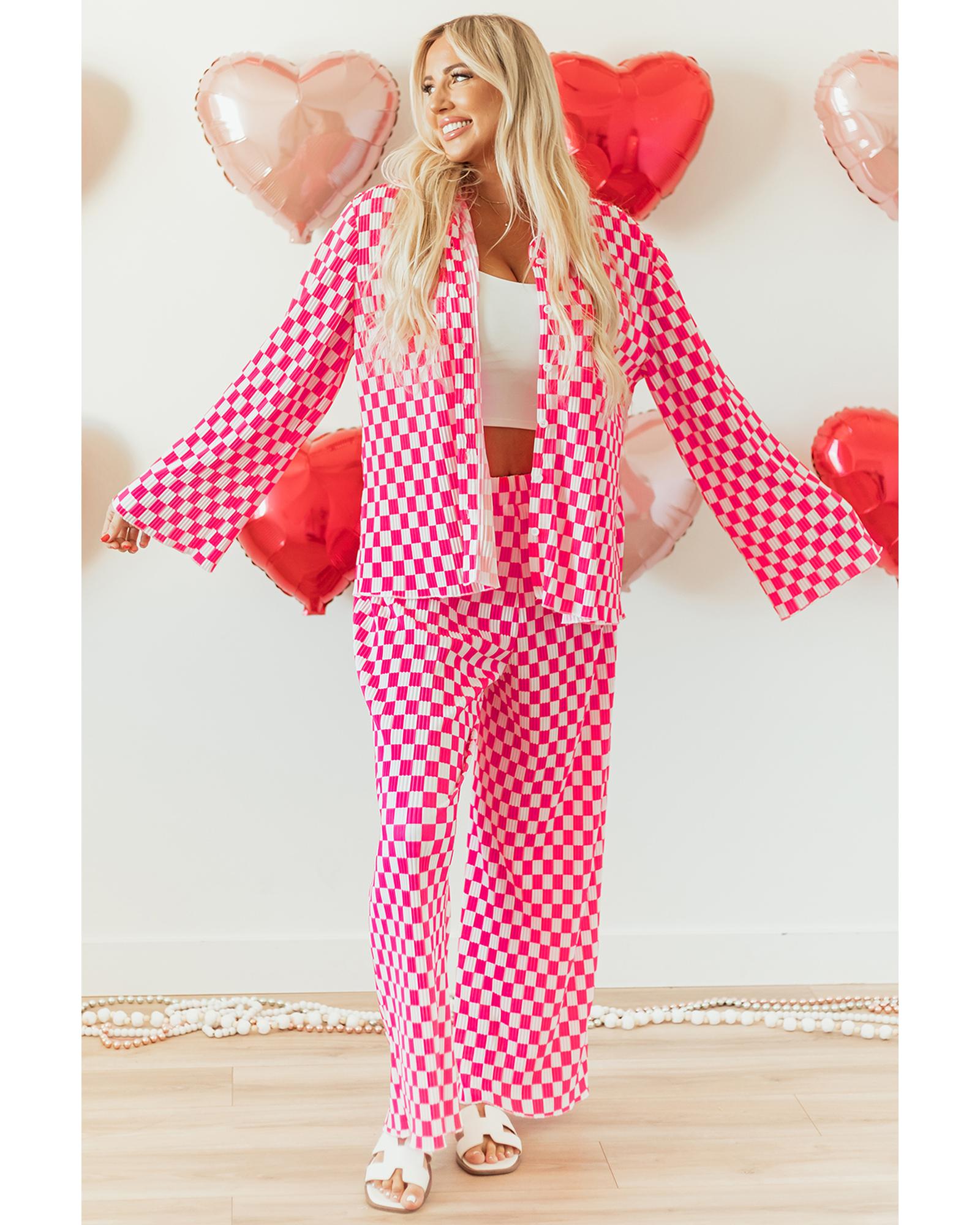 Pink Checkered Buttoned Shirt and High Waist Pants Pajama Set - S 3