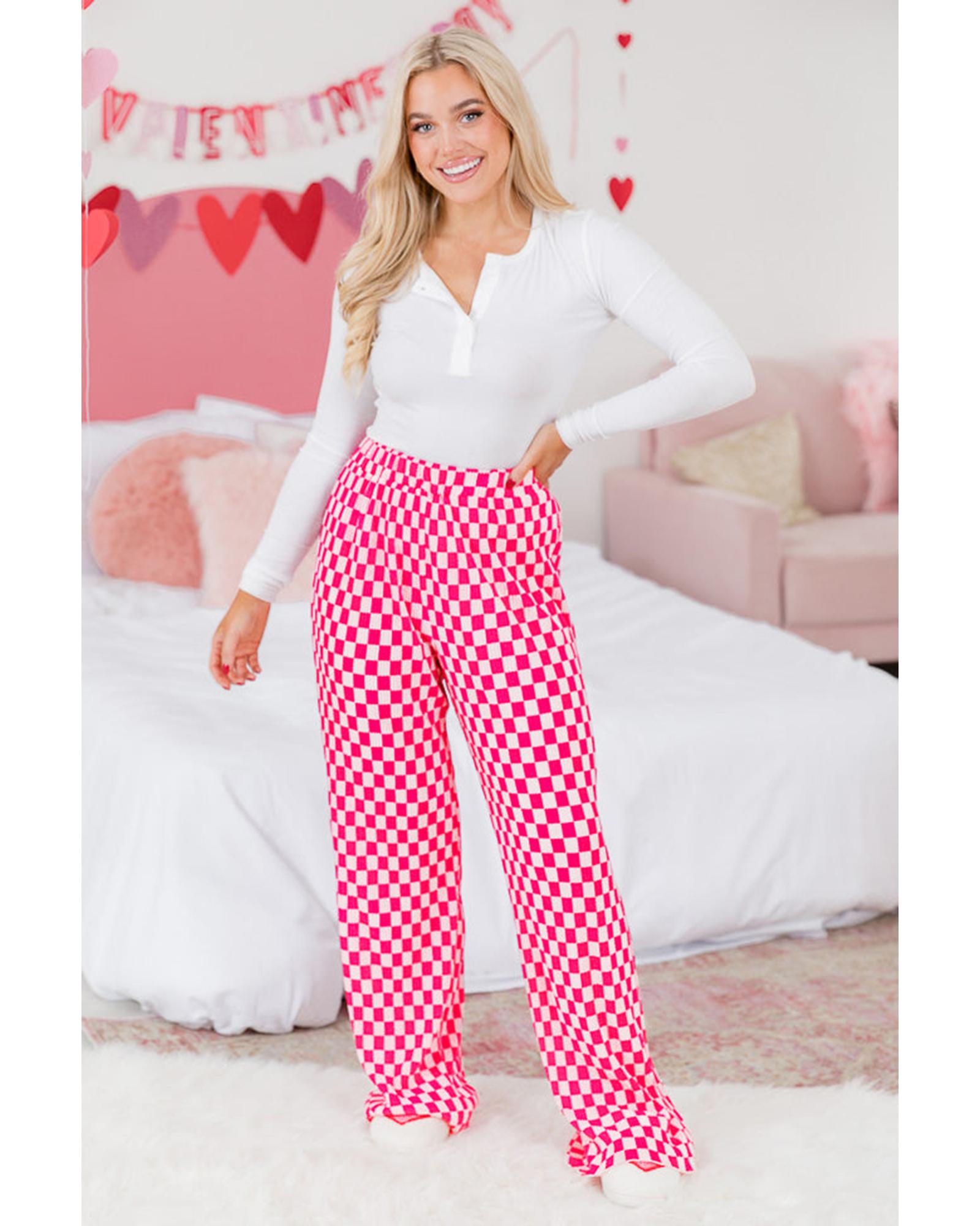 Pink Checkered Buttoned Shirt and High Waist Pants Pajama Set - S 5