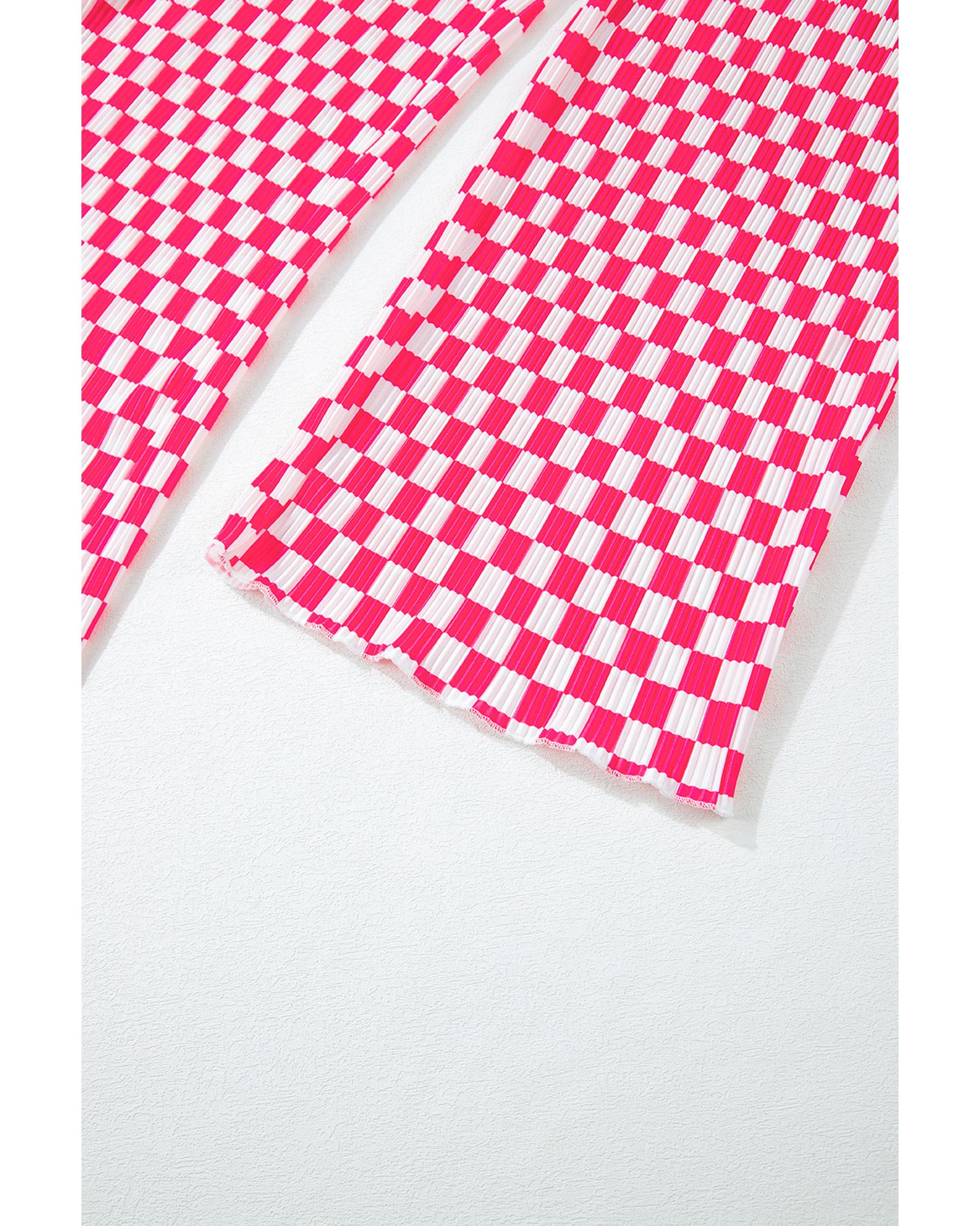 Pink Checkered Buttoned Shirt and High Waist Pants Pajama Set - S 8