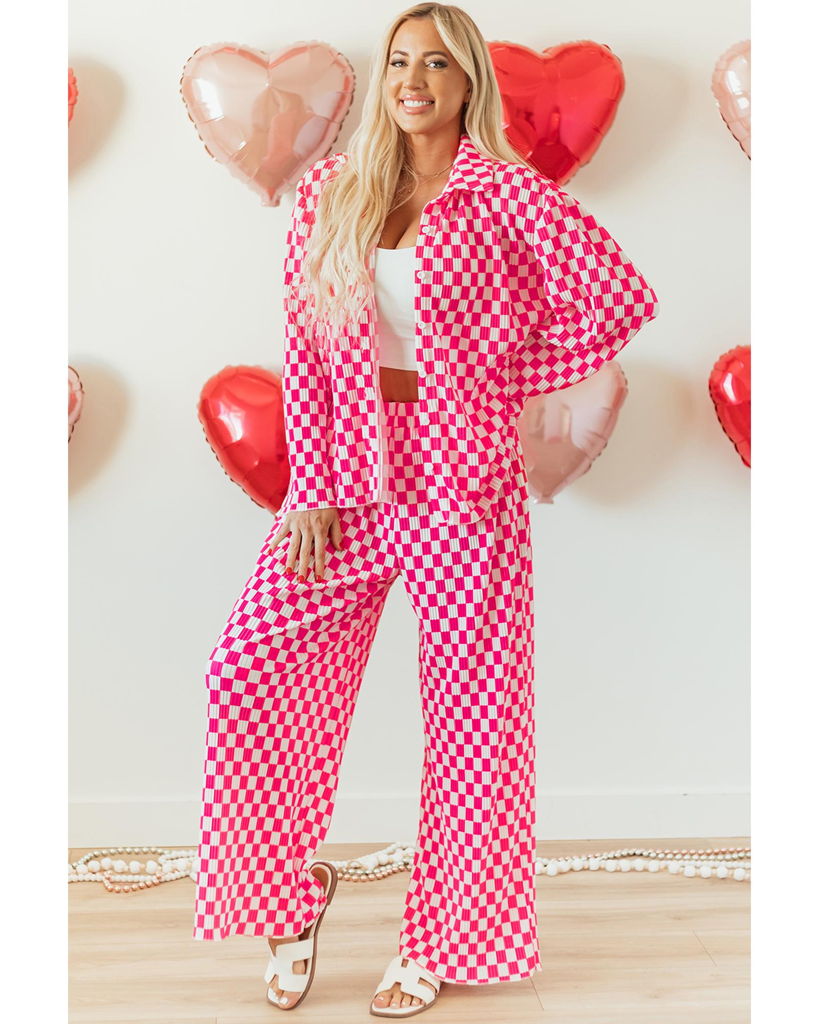 Pink Checkered Buttoned Shirt and High Waist Pants Pajama Set - XL 4