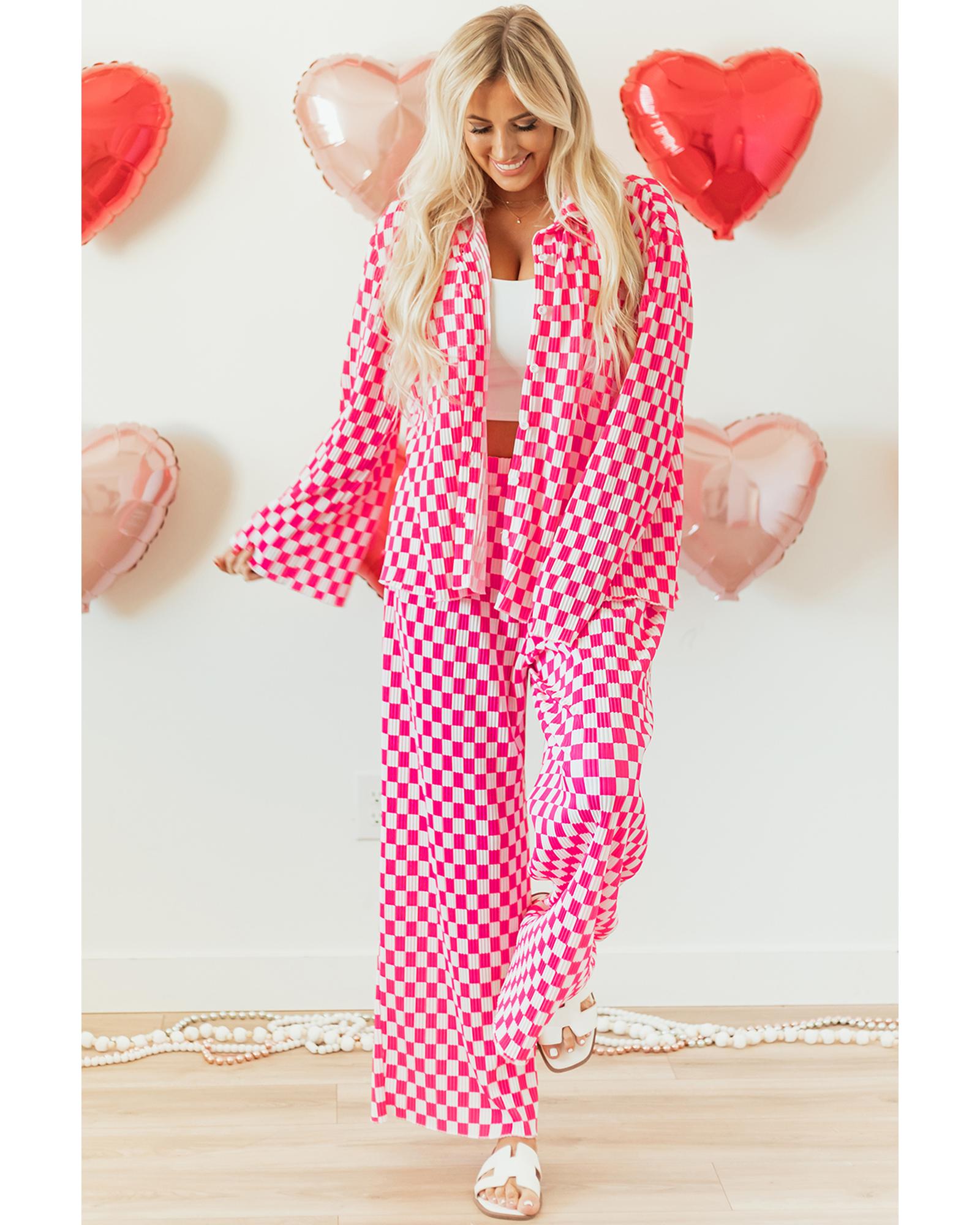 Pink Checkered Buttoned Shirt and High Waist Pants Pajama Set - XL 7