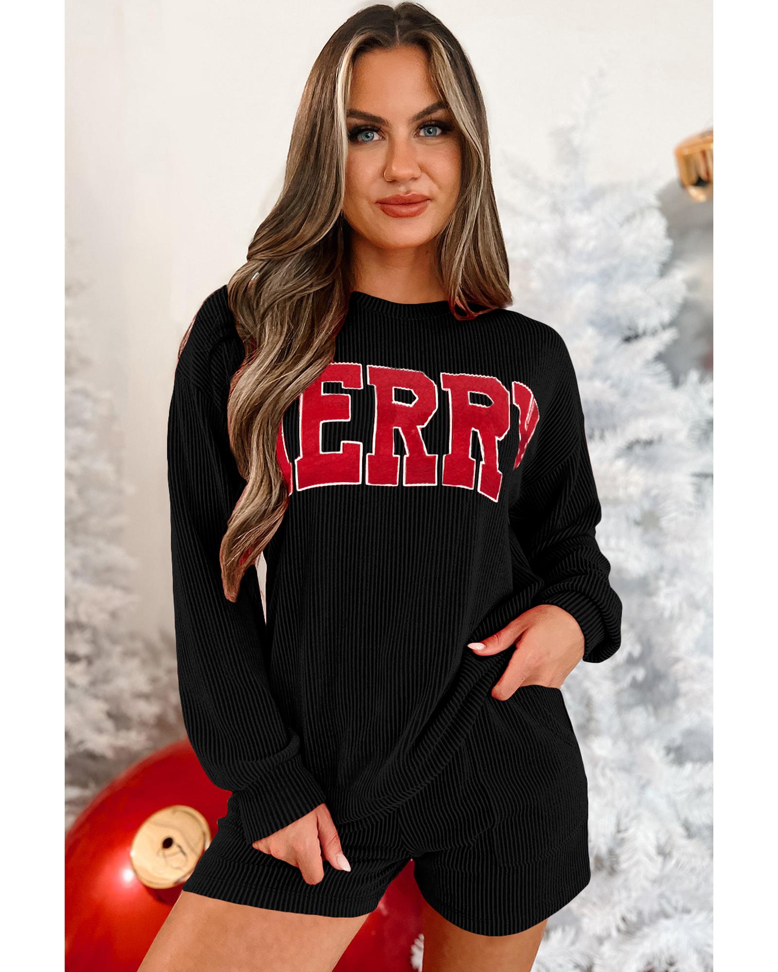 Black Corded MERRY Graphic Long Sleeve Top and Shorts Set - L 5