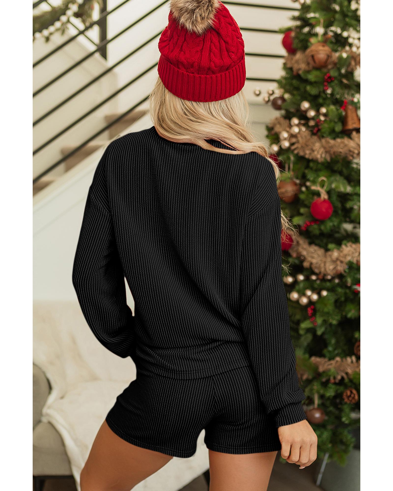 Black Corded MERRY Graphic Long Sleeve Top and Shorts Set - XL