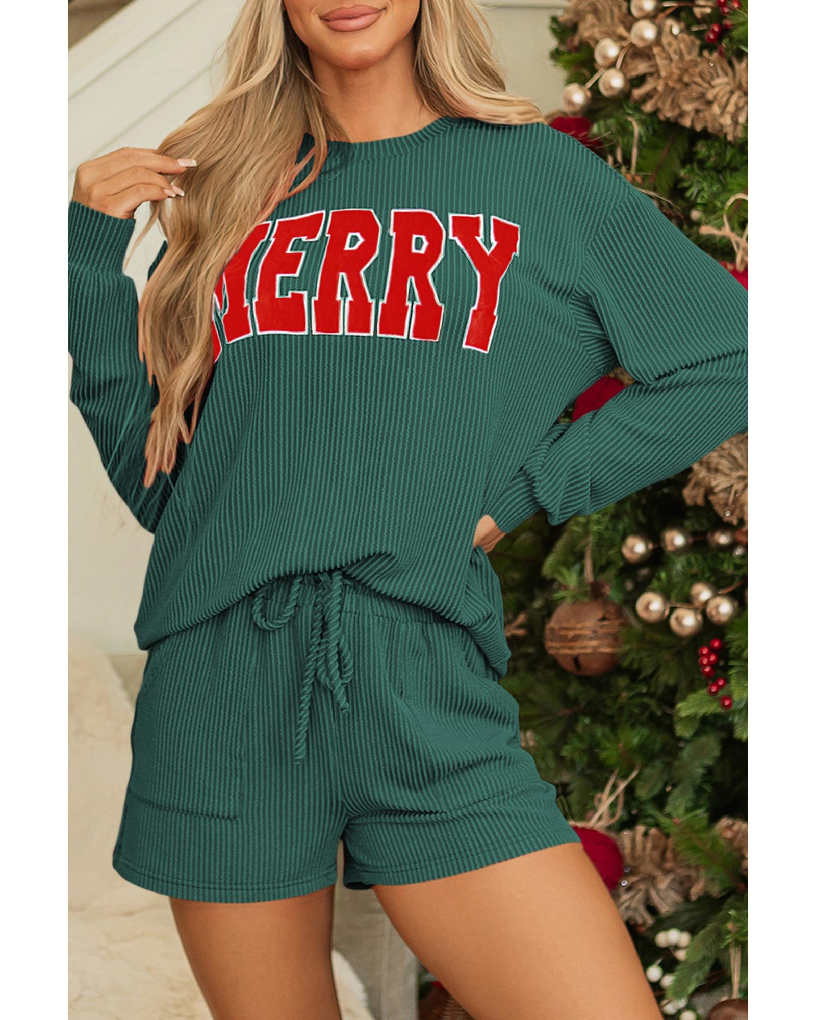 Evergreen Corded MERRY Graphic Long Sleeve Top and Shorts Set - S