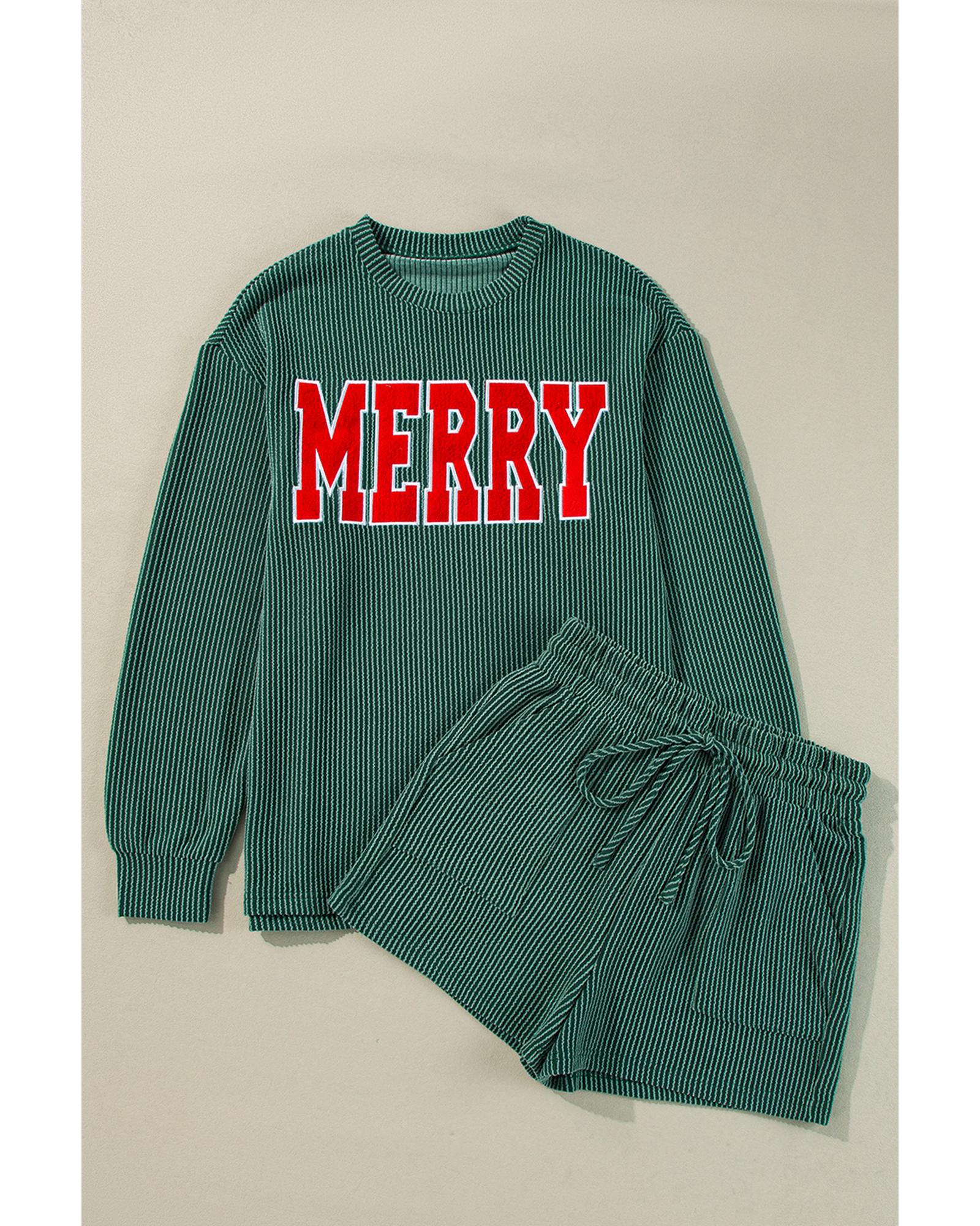 Evergreen Corded MERRY Graphic Long Sleeve Top and Shorts Set - S 6