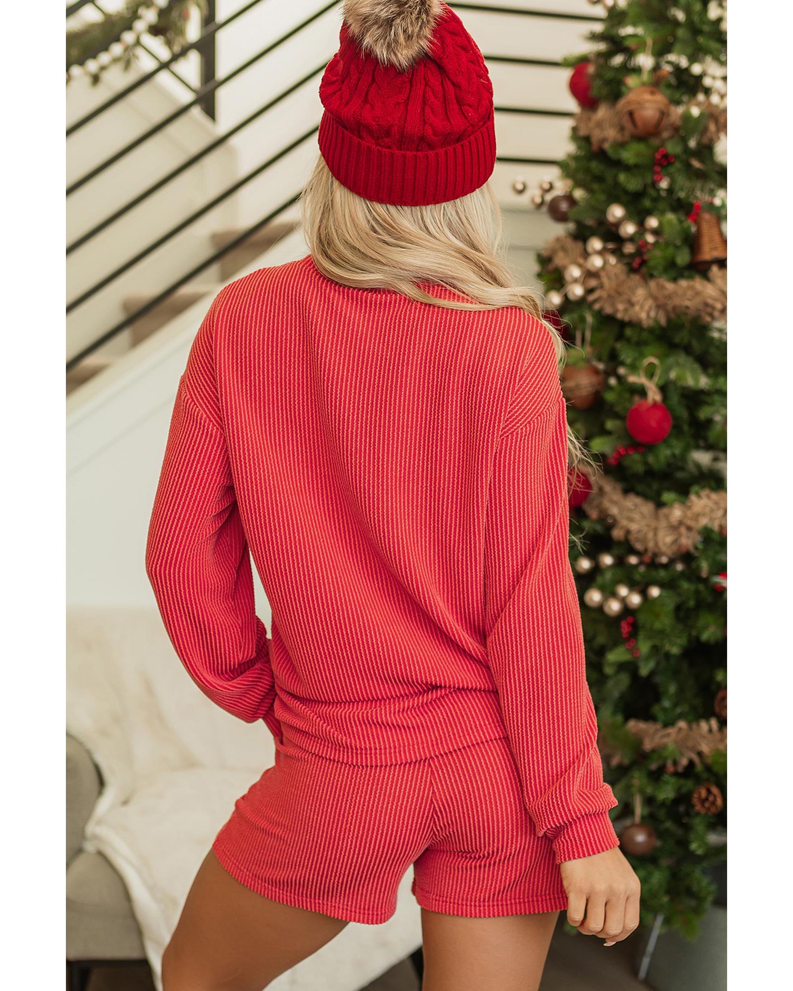 Racing Red Corded MERRY Graphic Long Sleeve Top and Shorts Set - 2XL
