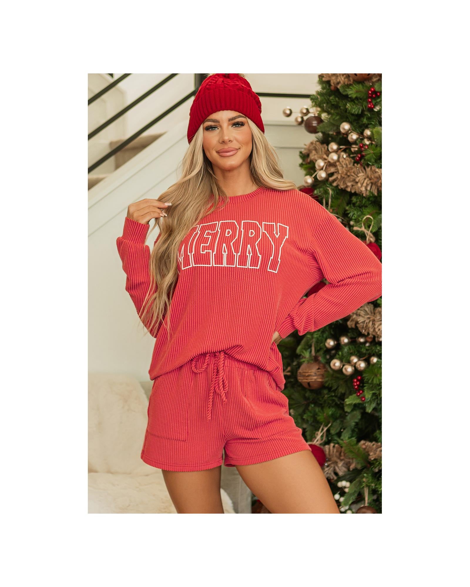 Racing Red Corded MERRY Graphic Long Sleeve Top and Shorts Set - 2XL 3