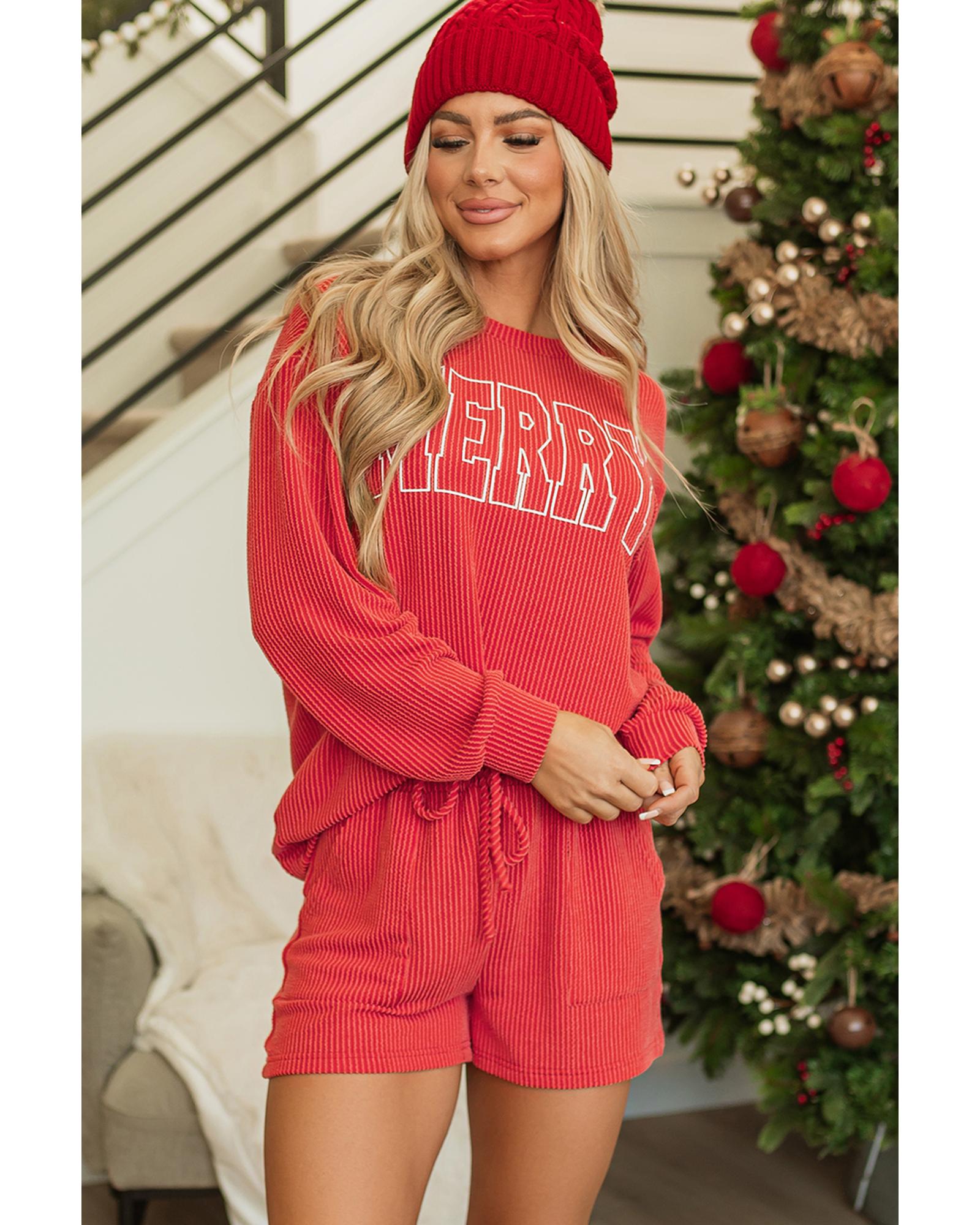Racing Red Corded MERRY Graphic Long Sleeve Top and Shorts Set - L