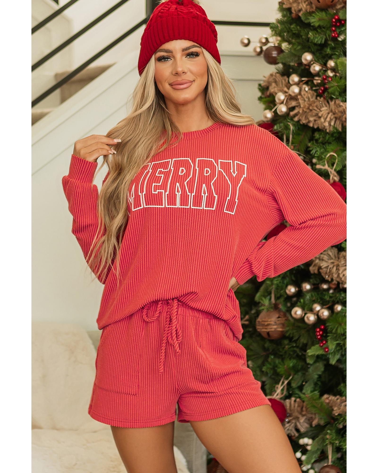 Racing Red Corded MERRY Graphic Long Sleeve Top and Shorts Set - M 3