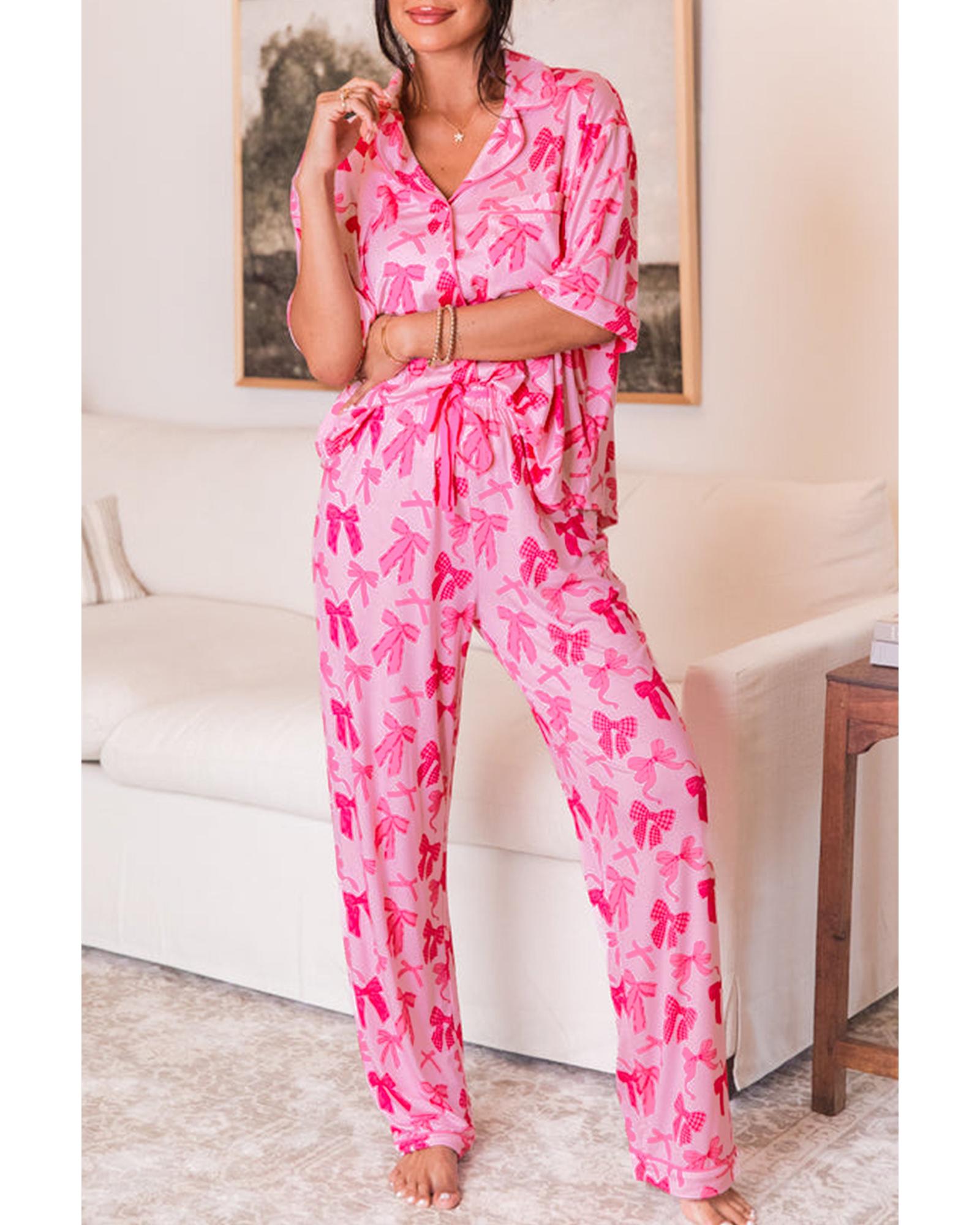 Pink Bow Knot Print Lapel Collar Short Sleeve and Pants Pajamas Set - XL 3