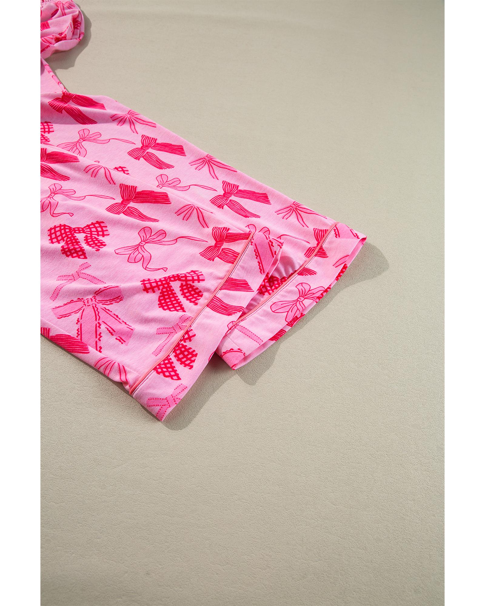 Pink Bow Knot Print Lapel Collar Short Sleeve and Pants Pajamas Set - XL 4