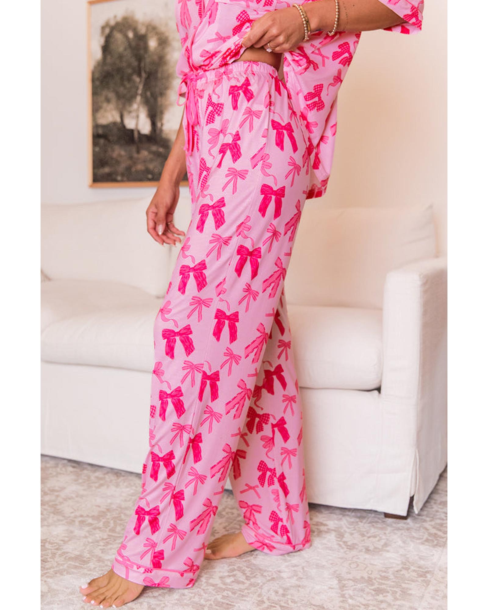 Pink Bow Knot Print Lapel Collar Short Sleeve and Pants Pajamas Set - XL 5